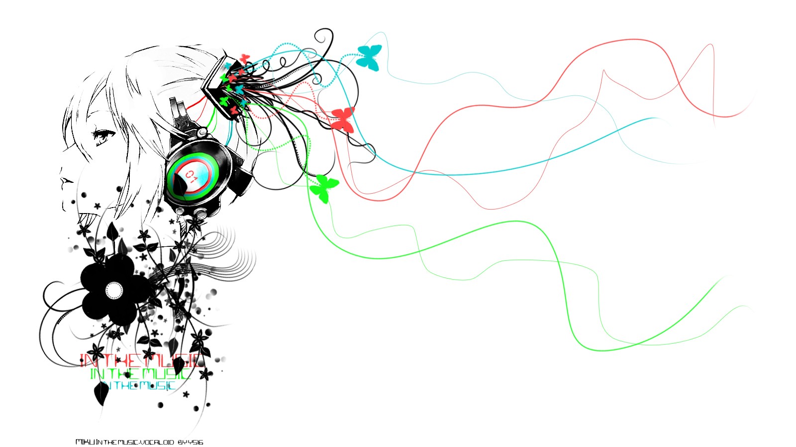 Hatsune Miku with headphones and musical notes HD Wallpaper