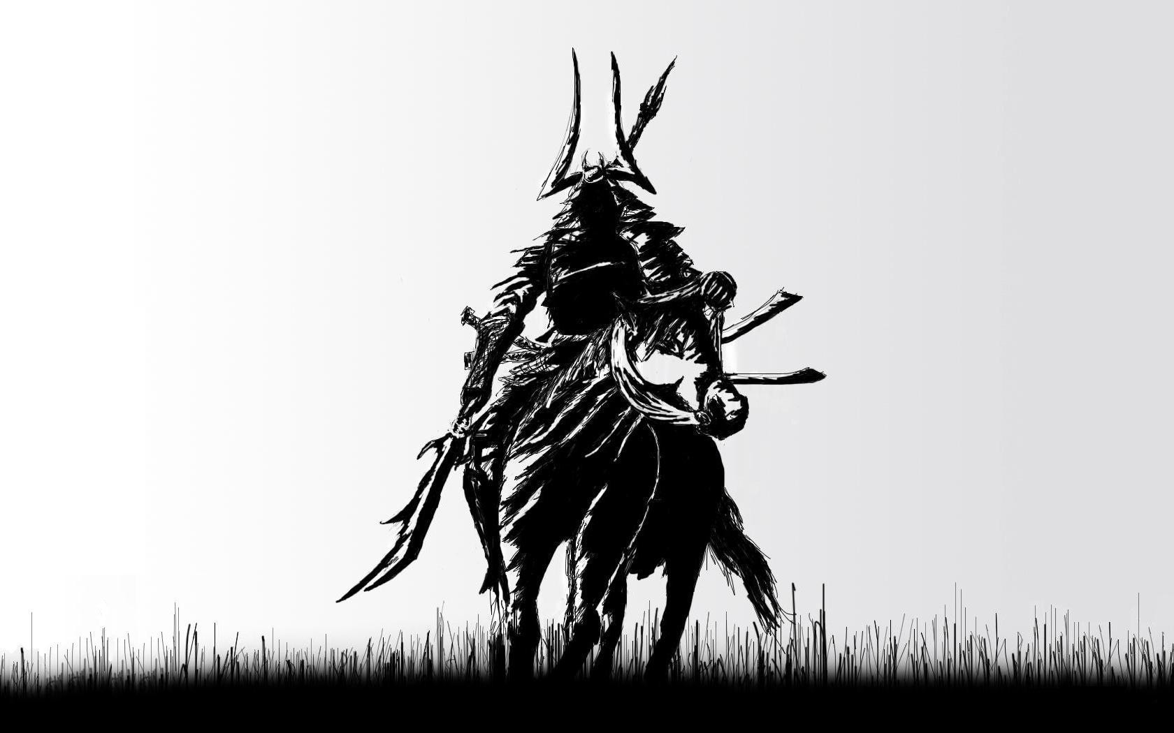 Samurai warrior on horseback in black and white HD Wallpaper