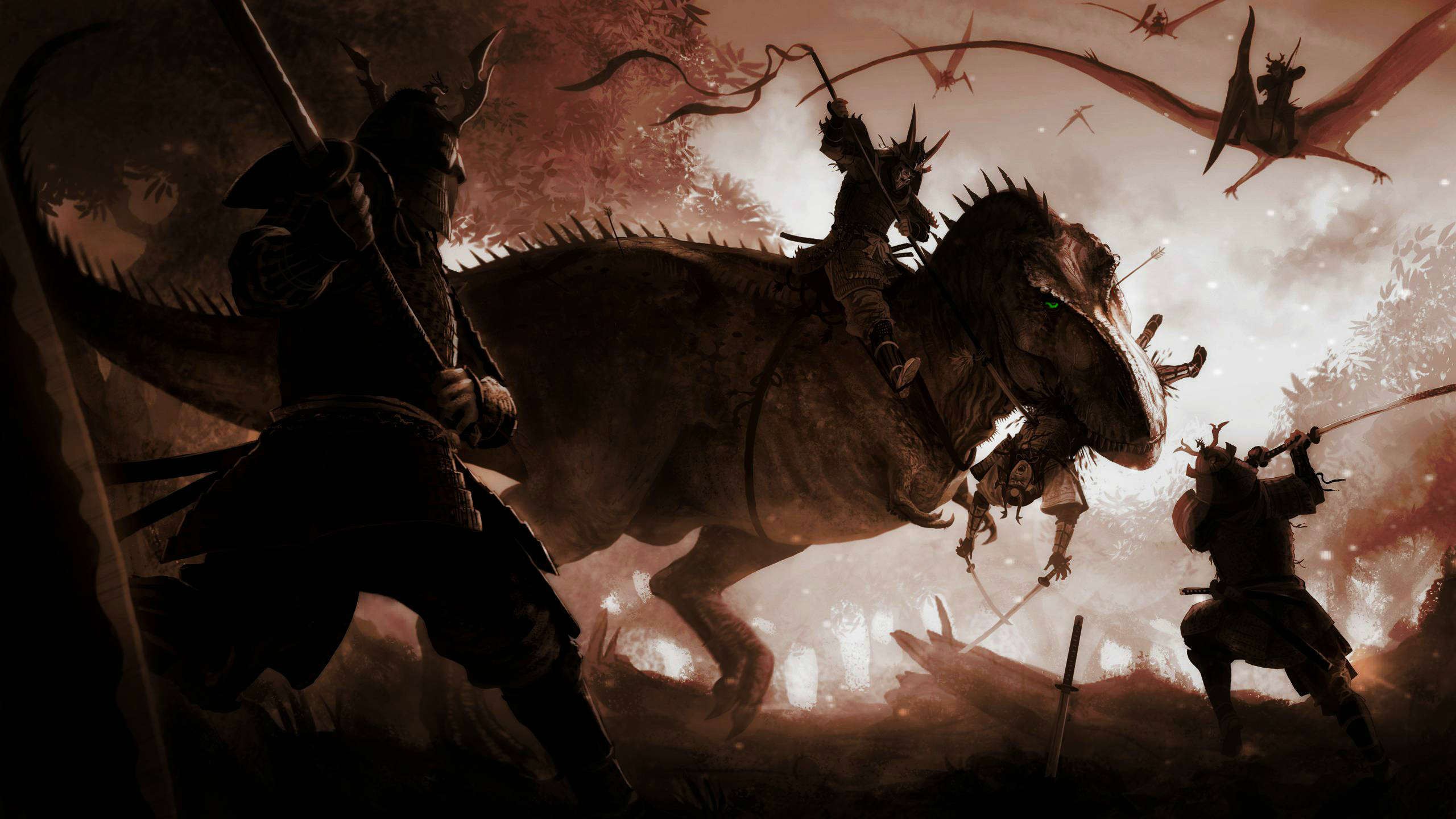 Samurai riding dinosaurs and fighting pterodactyls HD Wallpaper