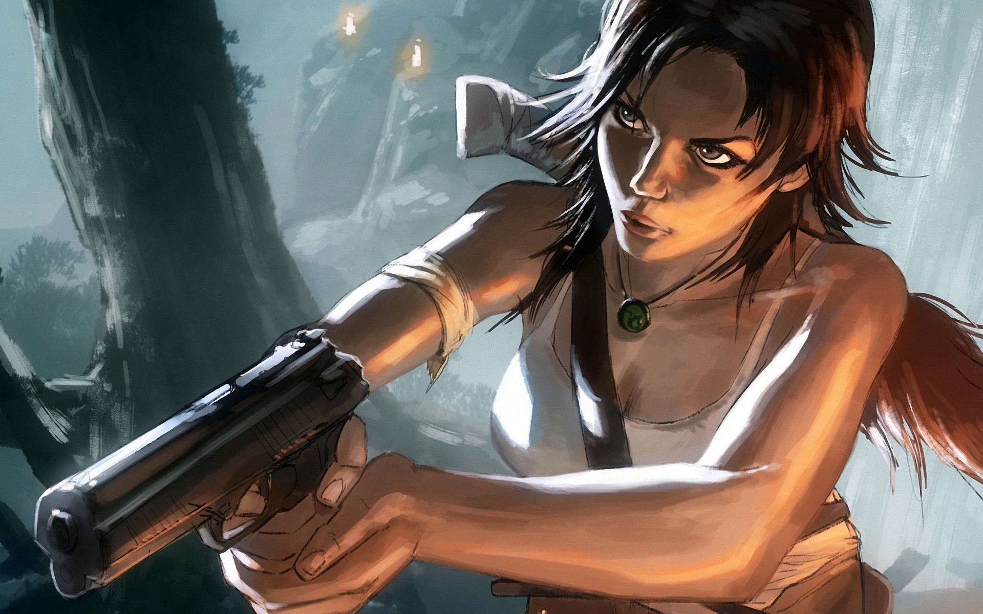 Lara Croft holding a pistol in a jungle HD Wallpaper