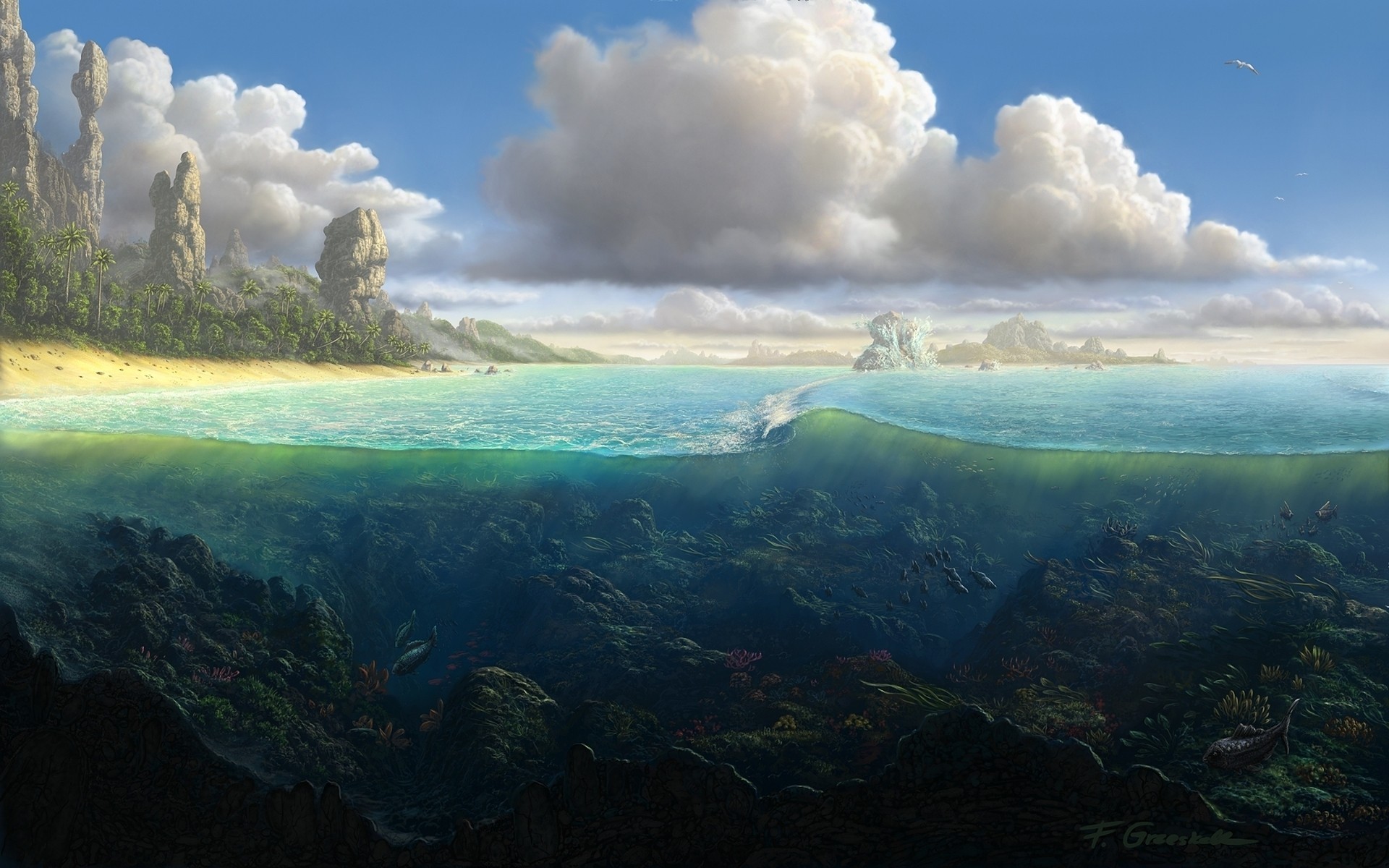 Split view of a tropical island with underwater coral reef HD Wallpaper
