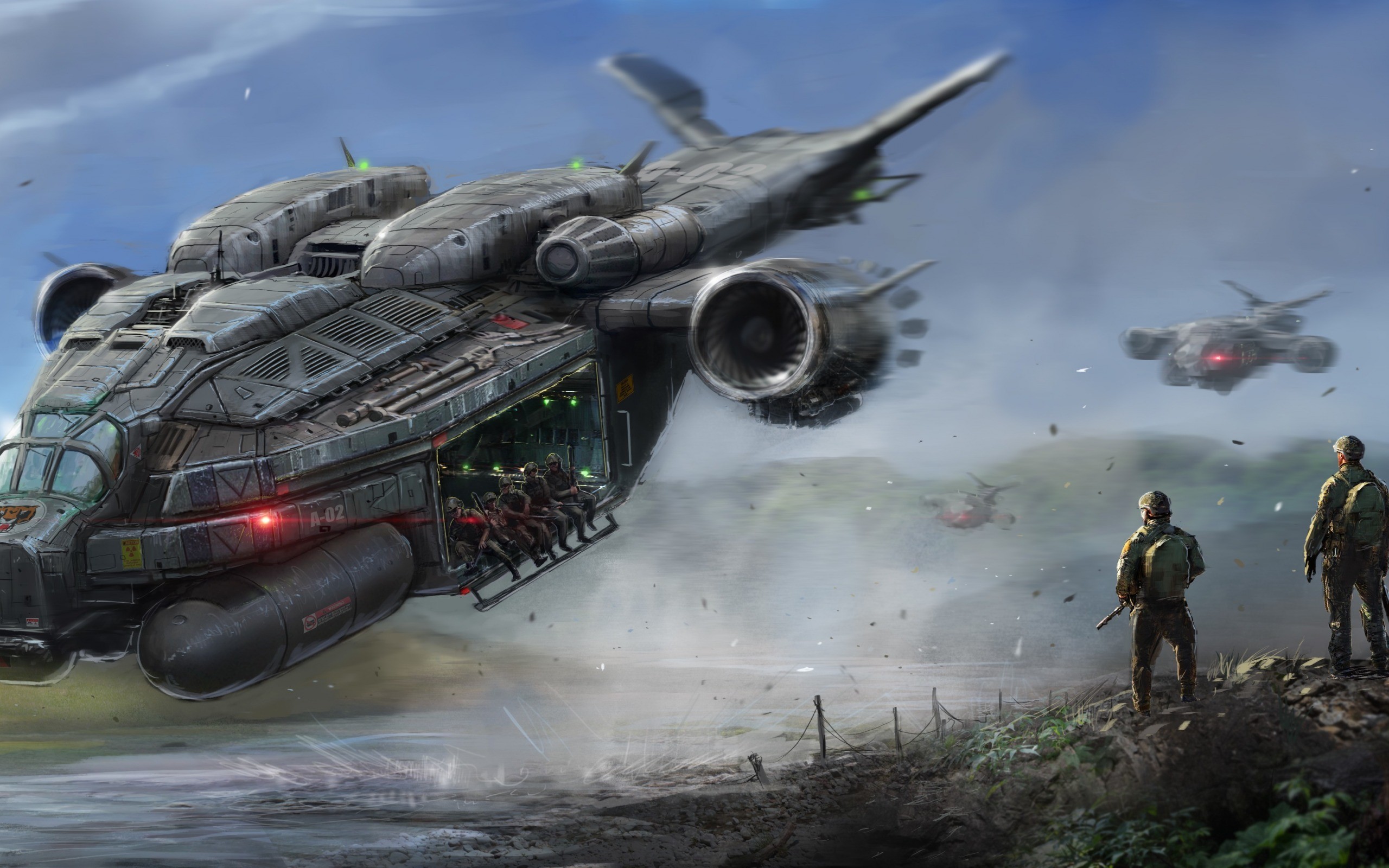 Futuristic military transport aircraft deploying soldiers HD Wallpaper