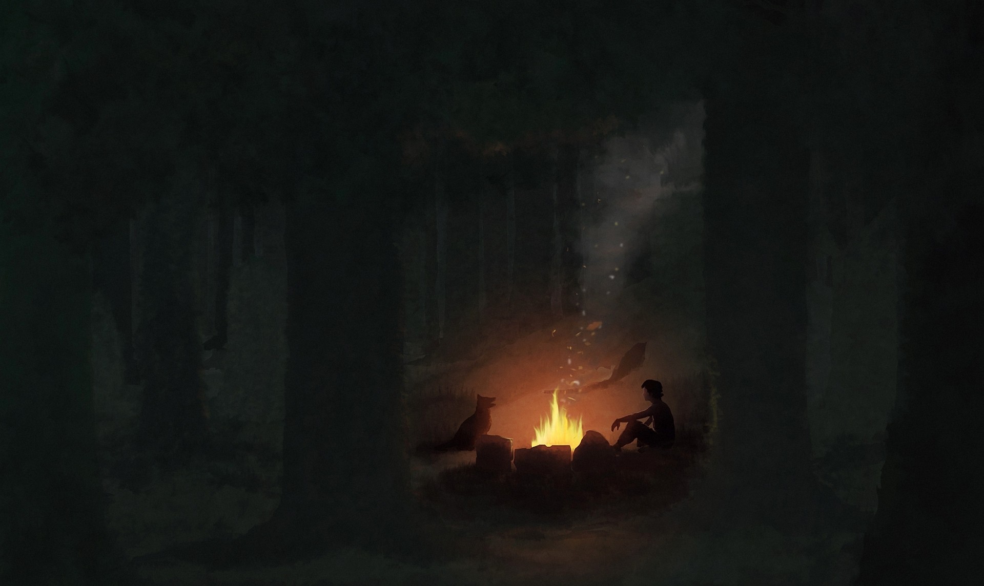 A person and a dog by a campfire in a dark forest HD Wallpaper