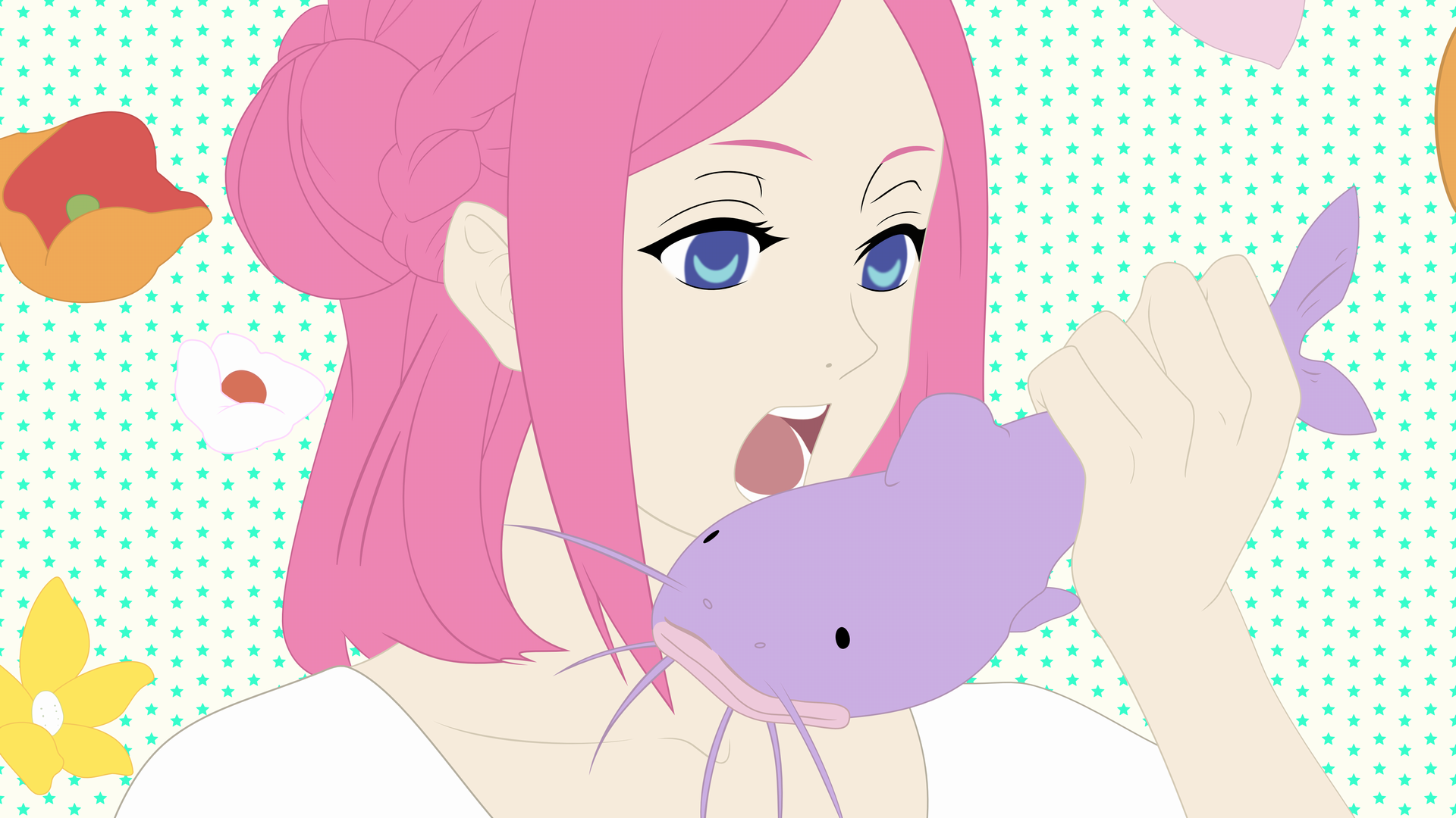 Anime girl with pink hair eating a purple fish HD Wallpaper