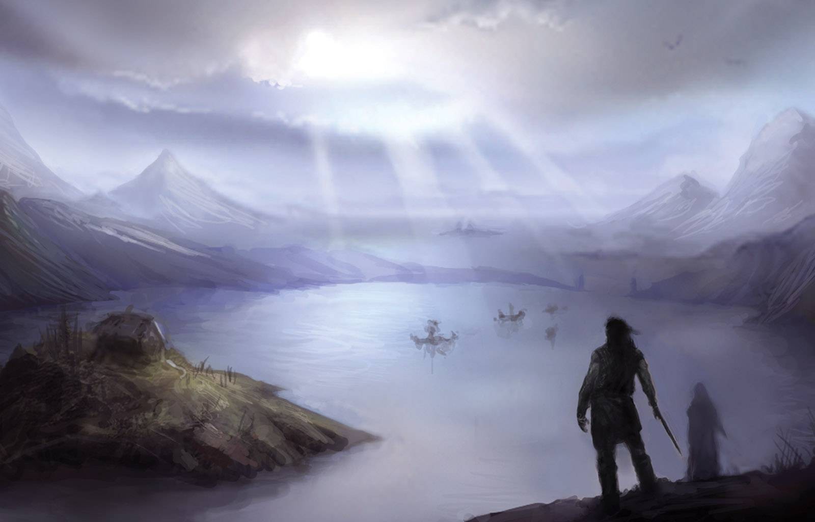 Vikings on a lake with mountains and sunbeams HD Wallpaper