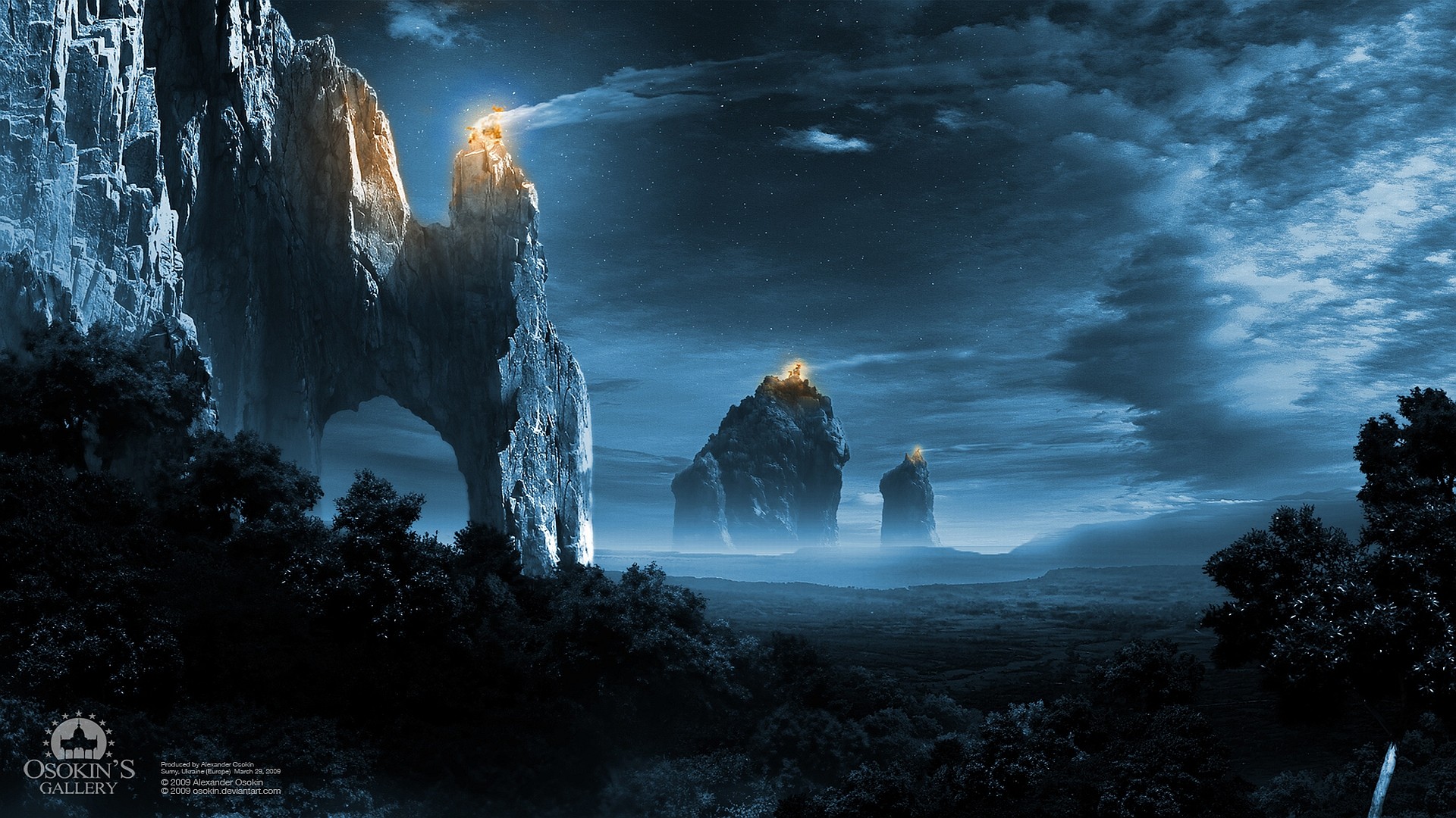 Fantasy landscape with glowing mountain peaks HD Wallpaper