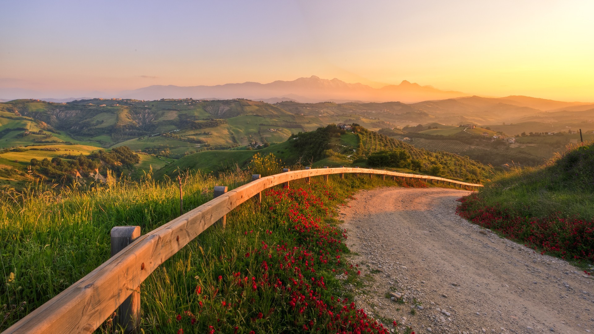 A winding dirt road through rolling hills at sunset HD Wallpaper