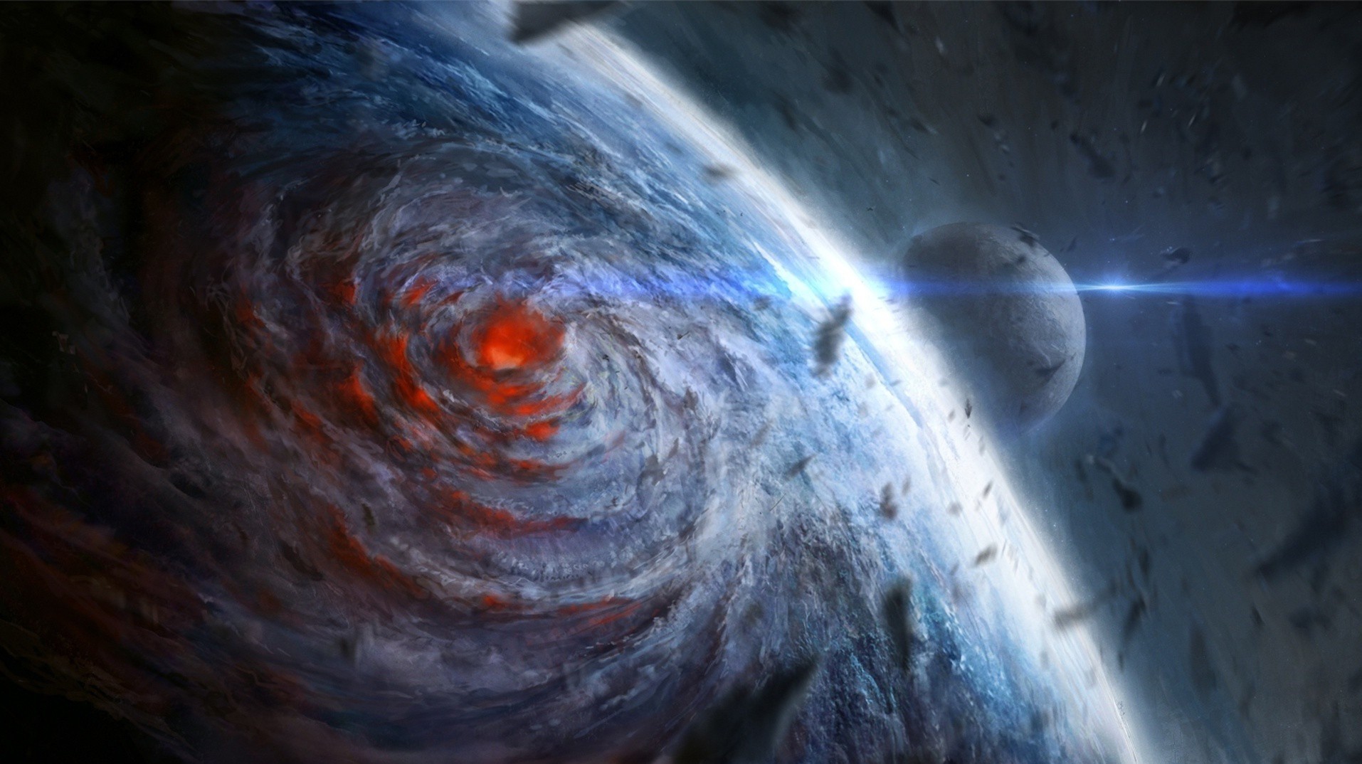 Space art of a swirling planet and moon HD Wallpaper