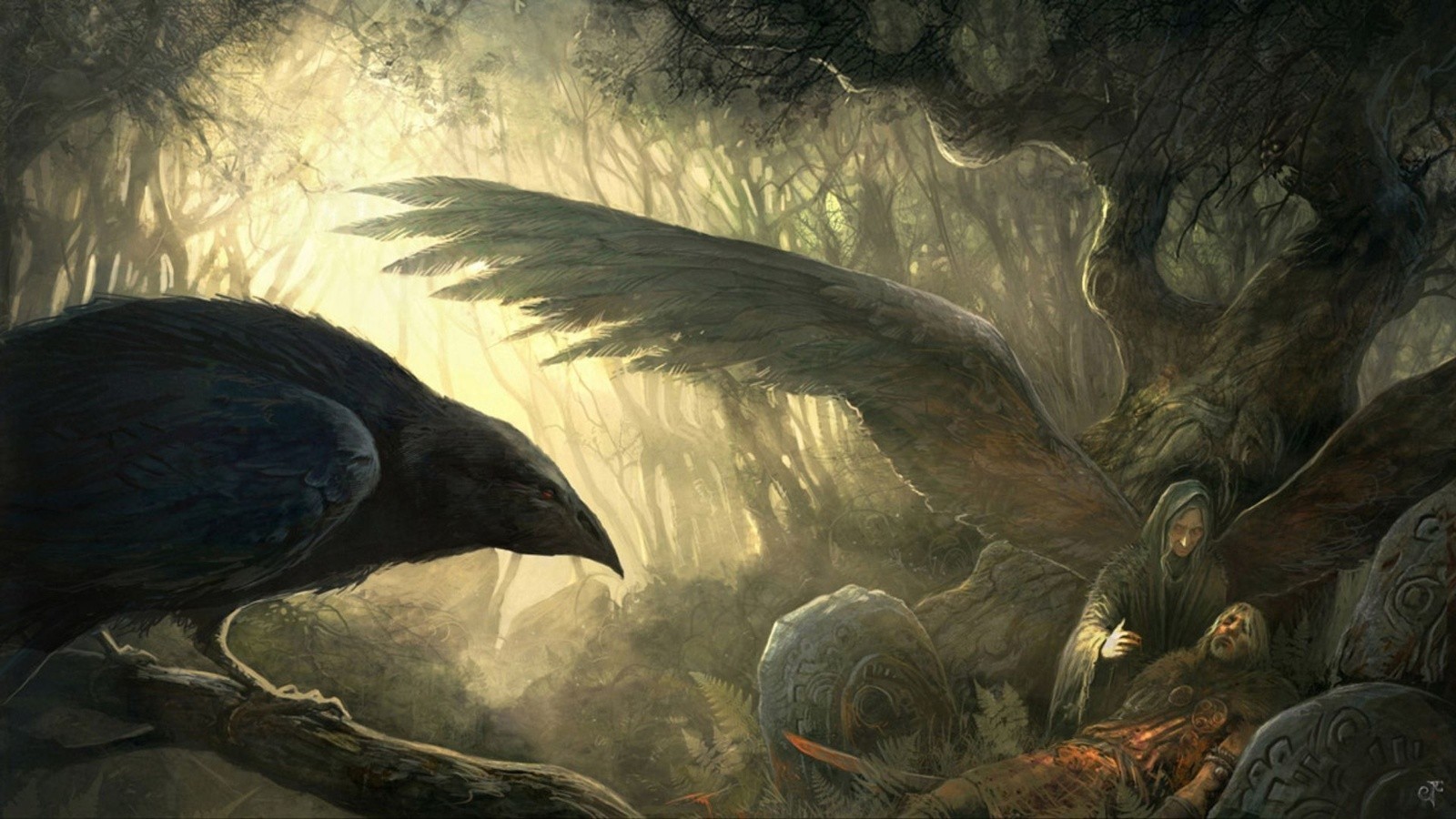 Mythological scene with a crow and a fallen warrior HD Wallpaper