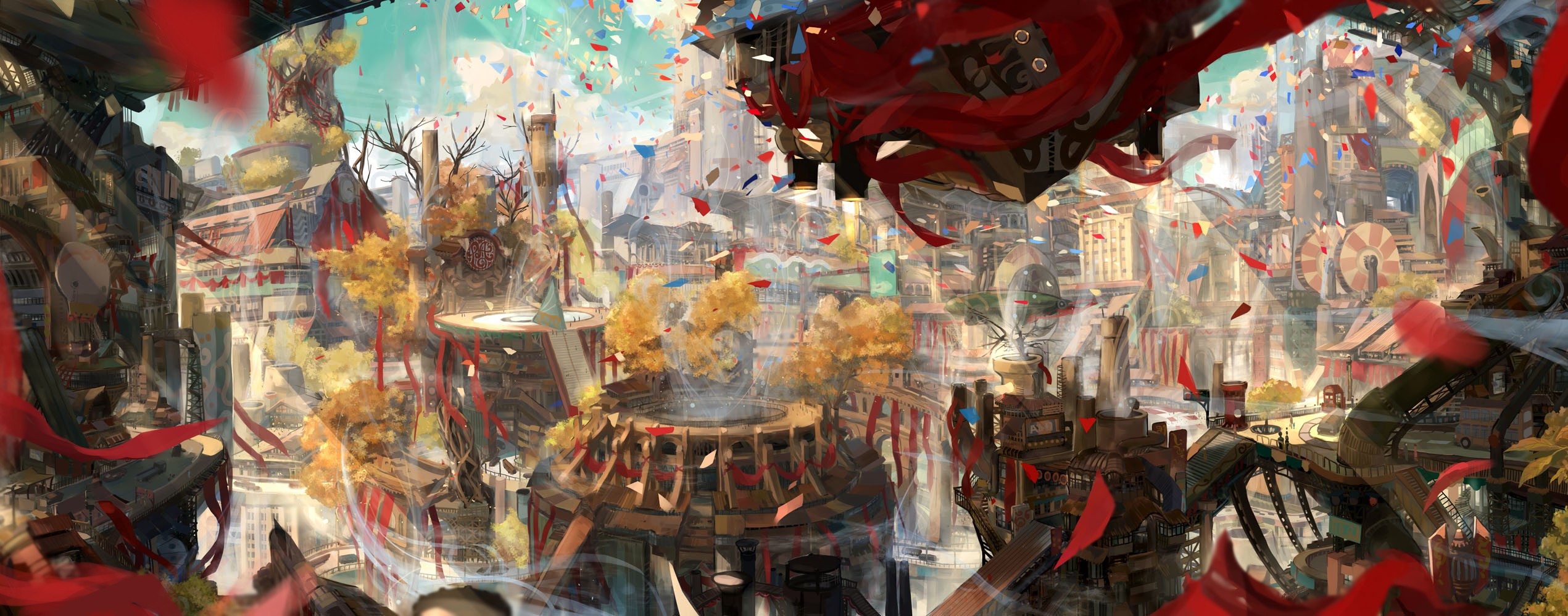 Fantasy city with red banners and confetti HD Wallpaper