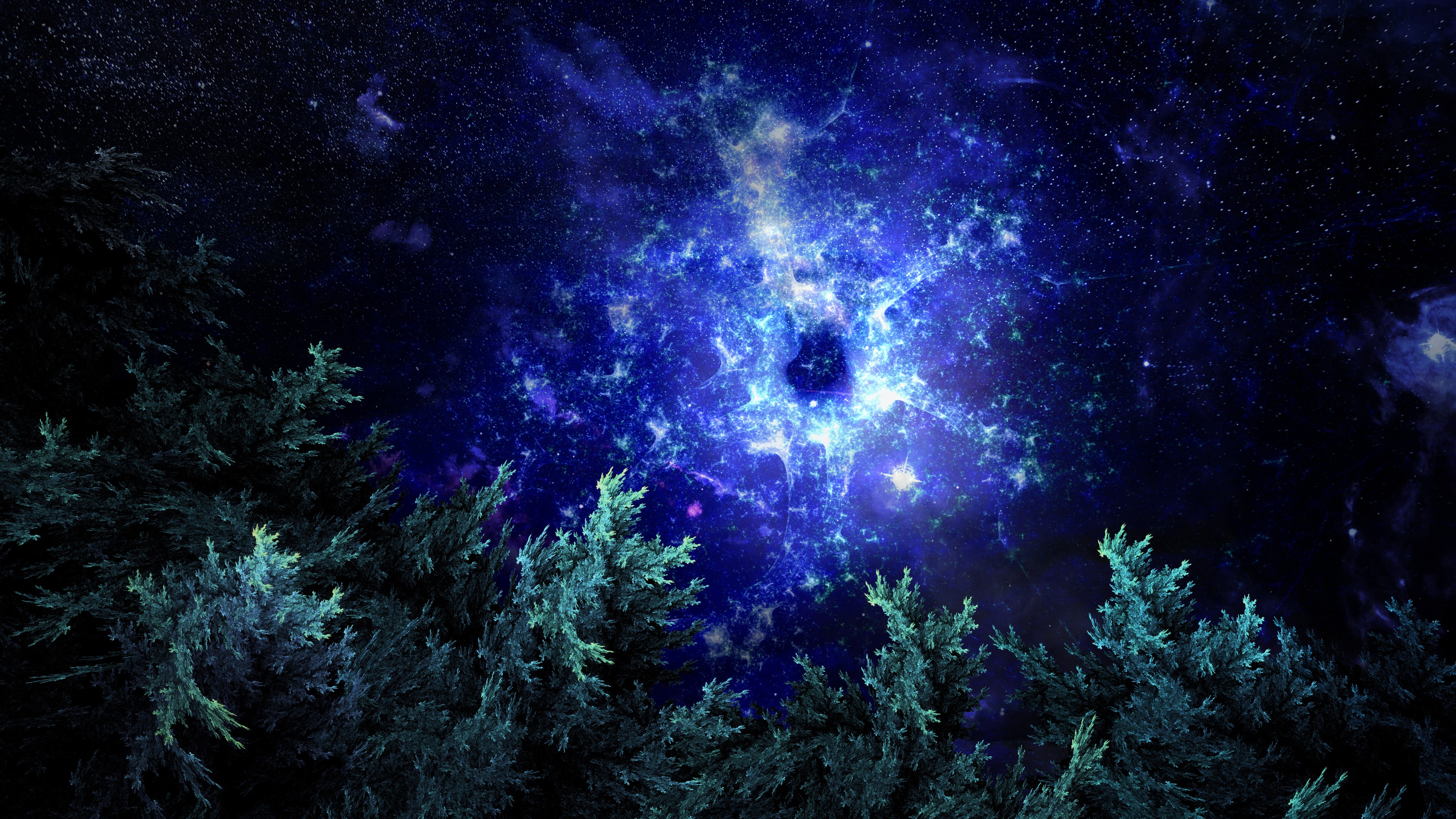 Fractal nebula in the night sky above a forest HD Wallpaper