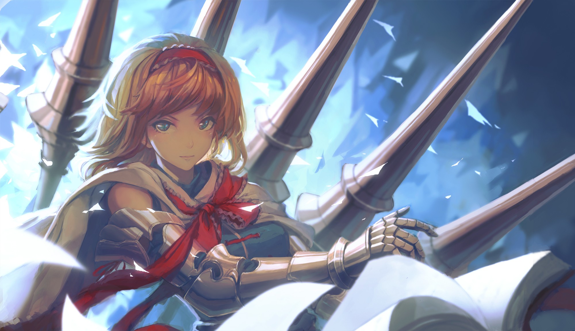 Artwork of a girl in armor with red ribbon HD Wallpaper
