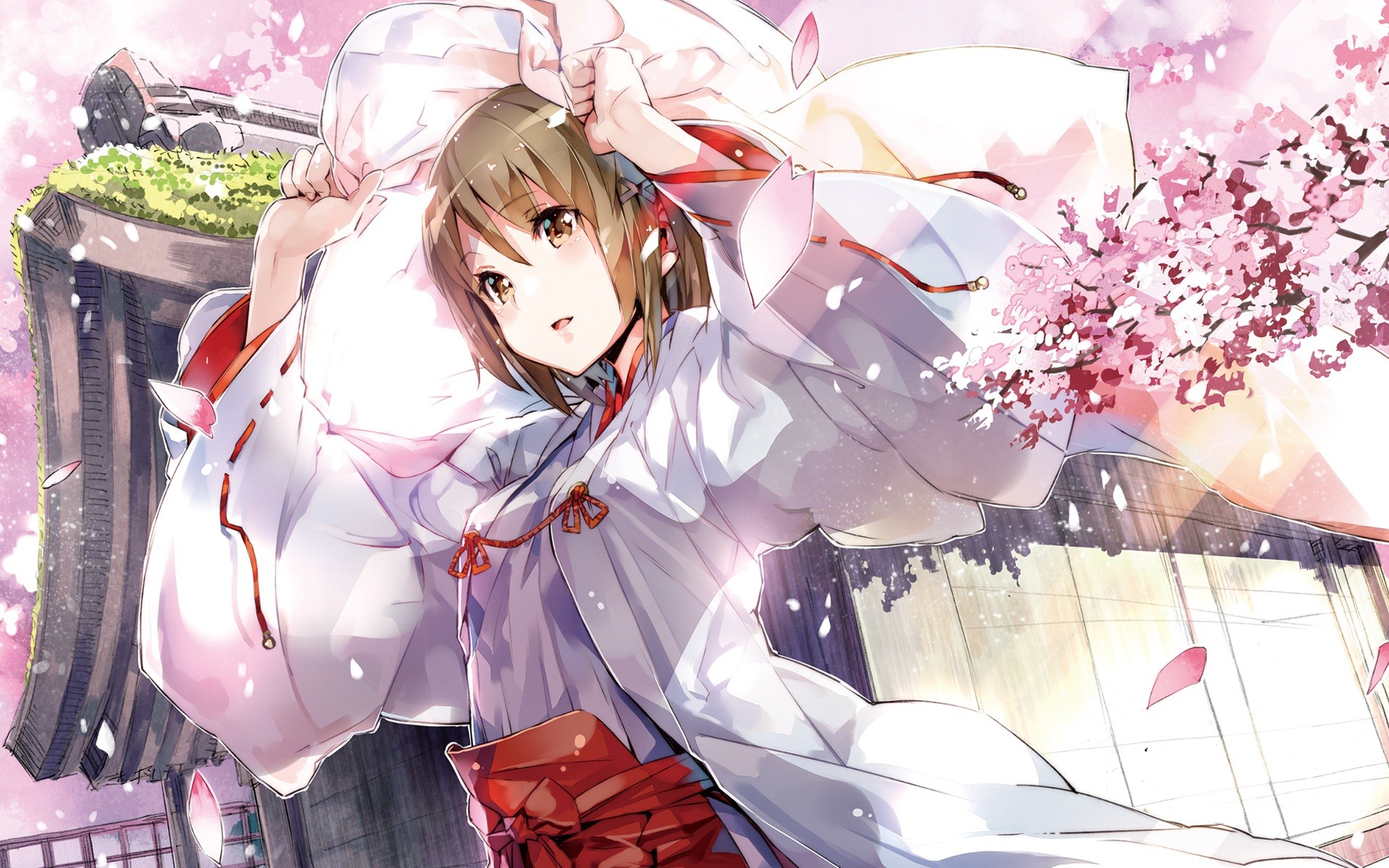 Anime girl in white kimono with cherry blossoms HD Wallpaper