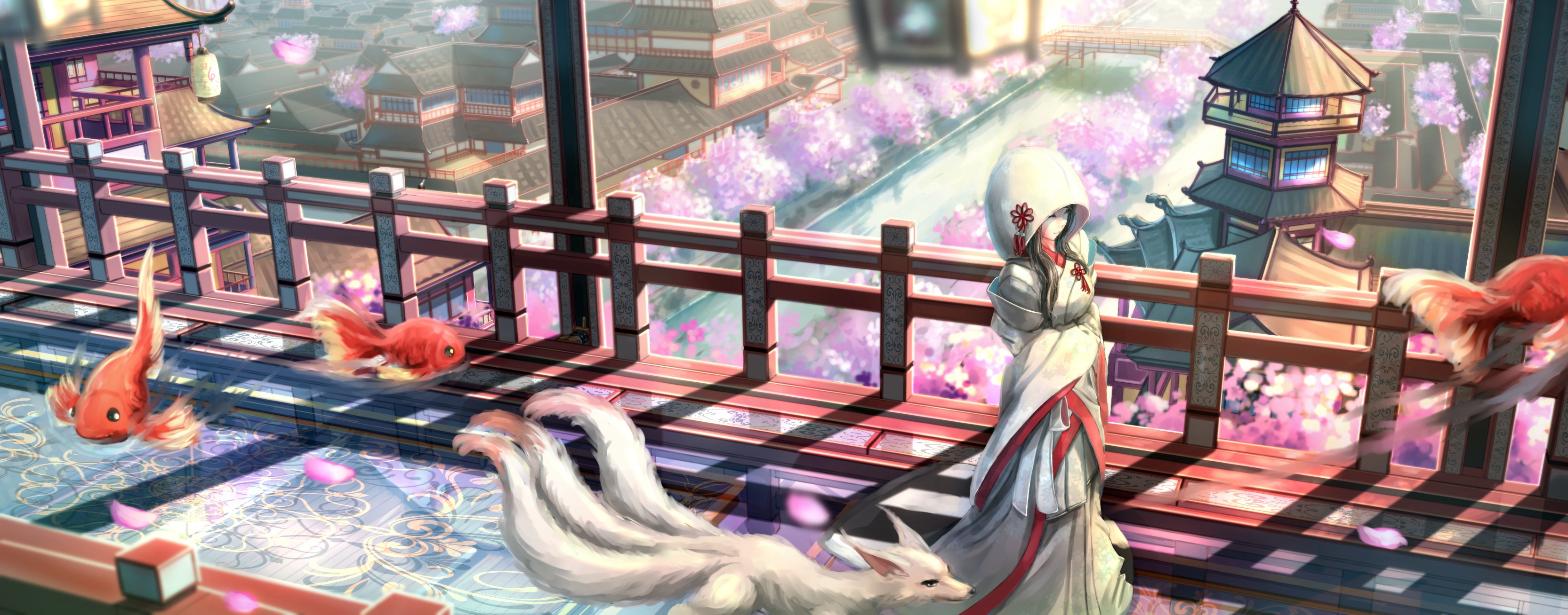 Kitsune and Koi fish in a Japanese town HD Wallpaper