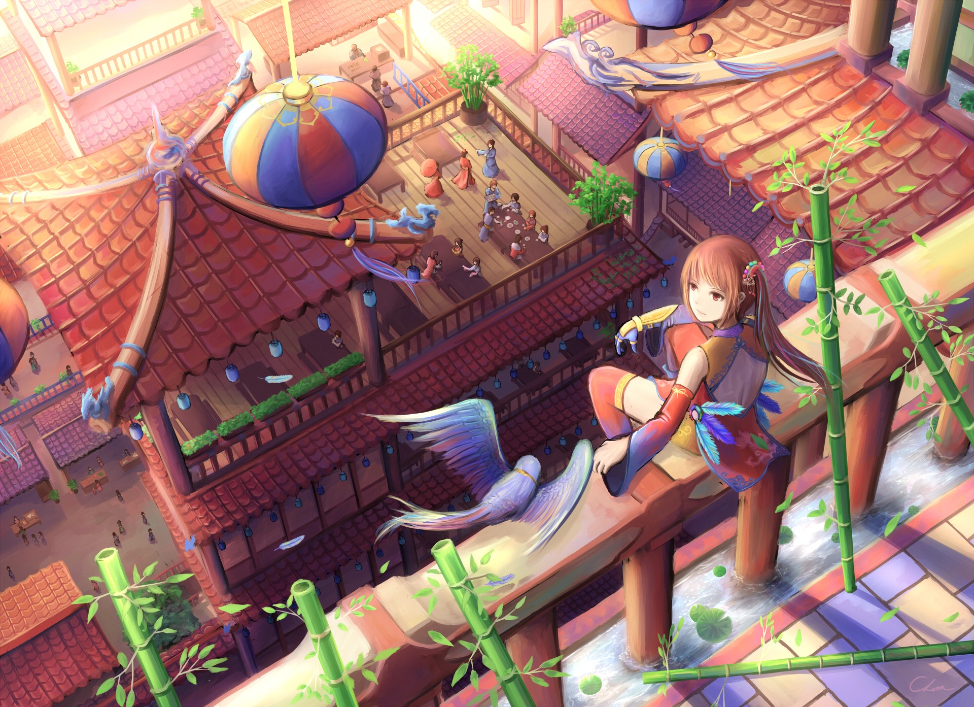 Girl and bird on a balcony in an oriental town HD Wallpaper