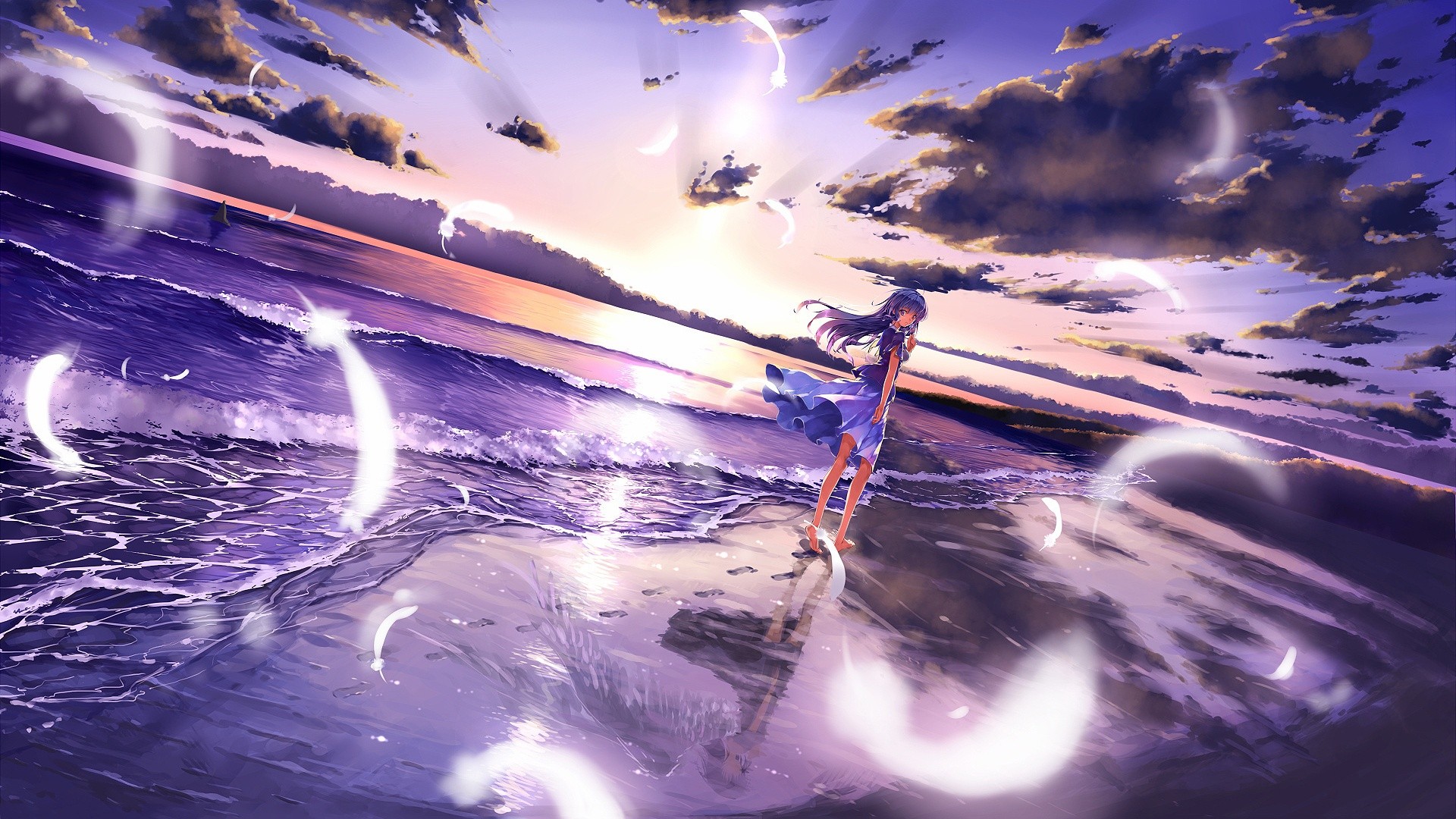 Anime girl on a beach at sunset with feathers HD Wallpaper