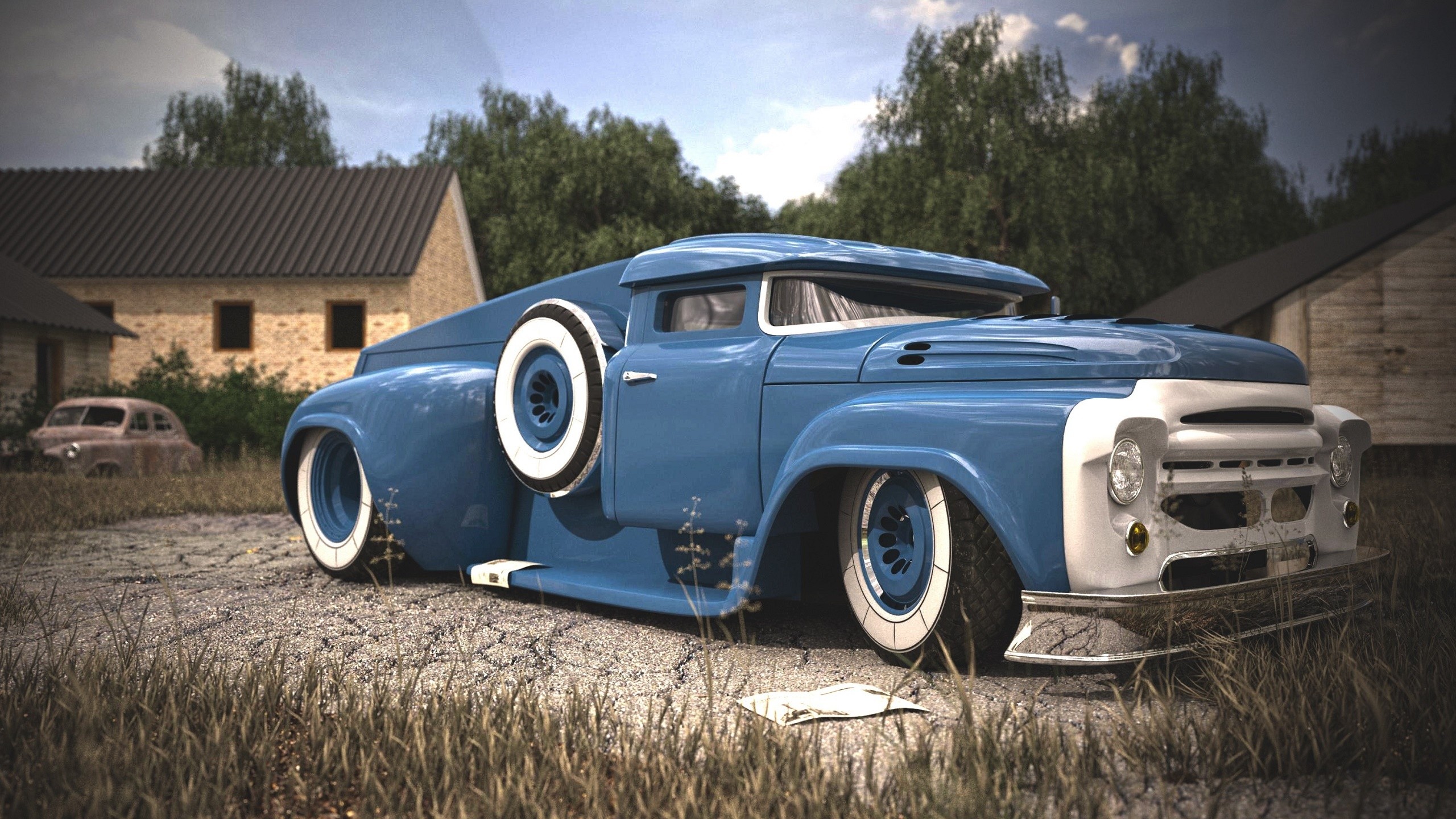 Blue custom pickup truck in a rural setting HD Wallpaper