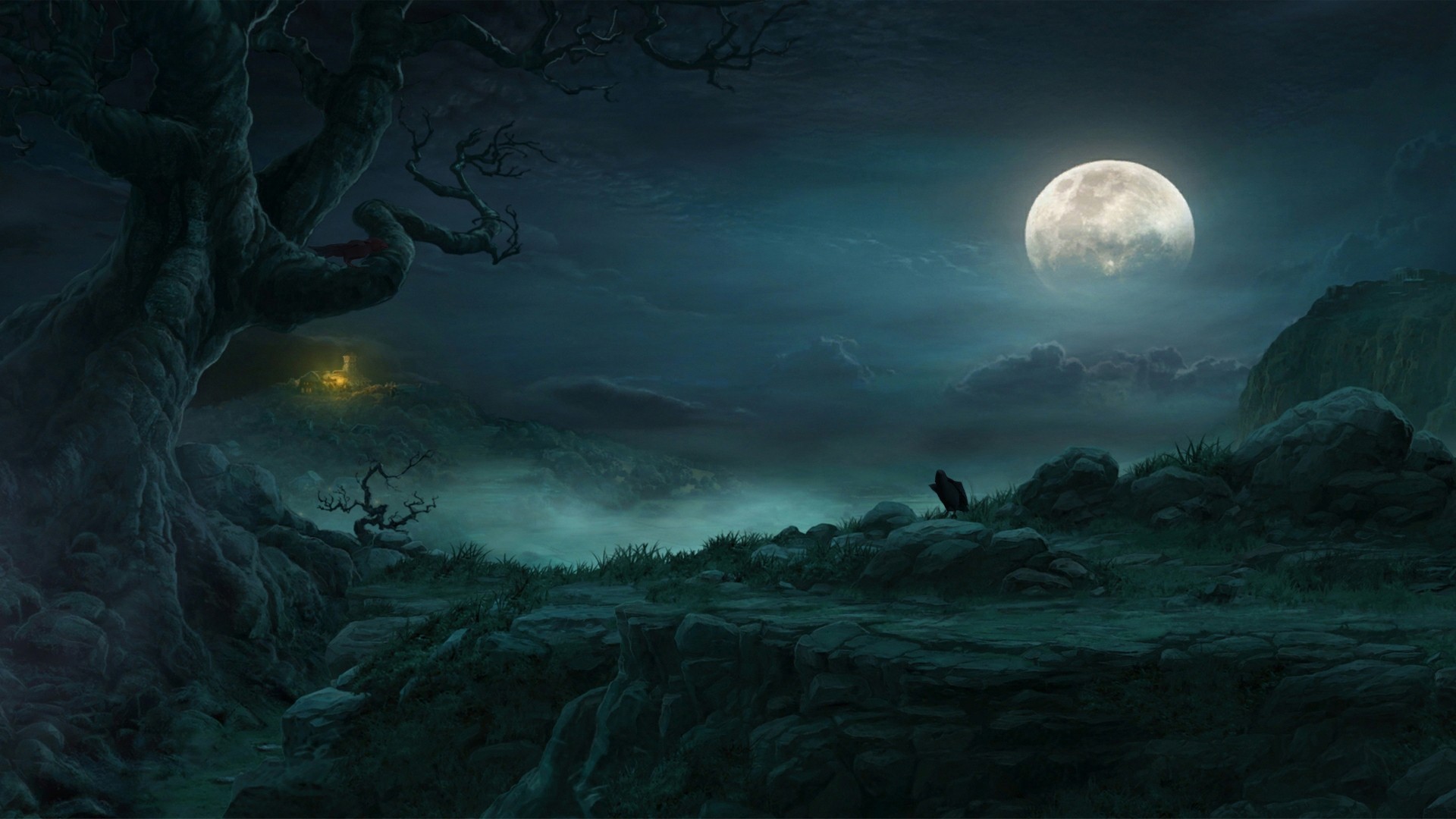 Diablo III night landscape with a full moon HD Wallpaper