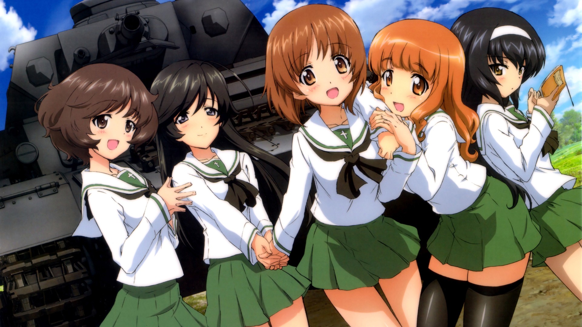 Girls und Panzer characters in front of a tank HD Wallpaper