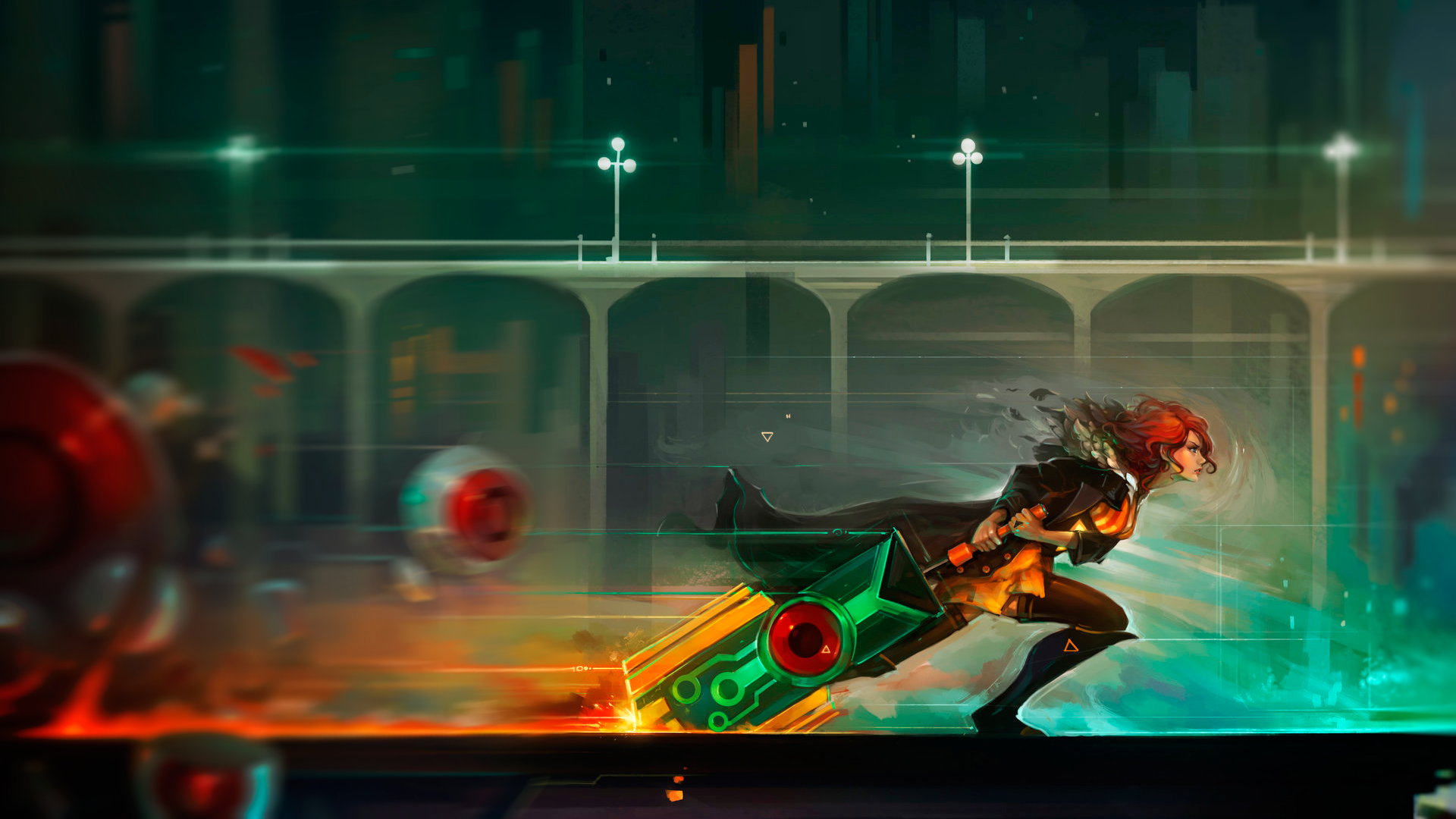 Redhead woman with sword in futuristic city HD Wallpaper