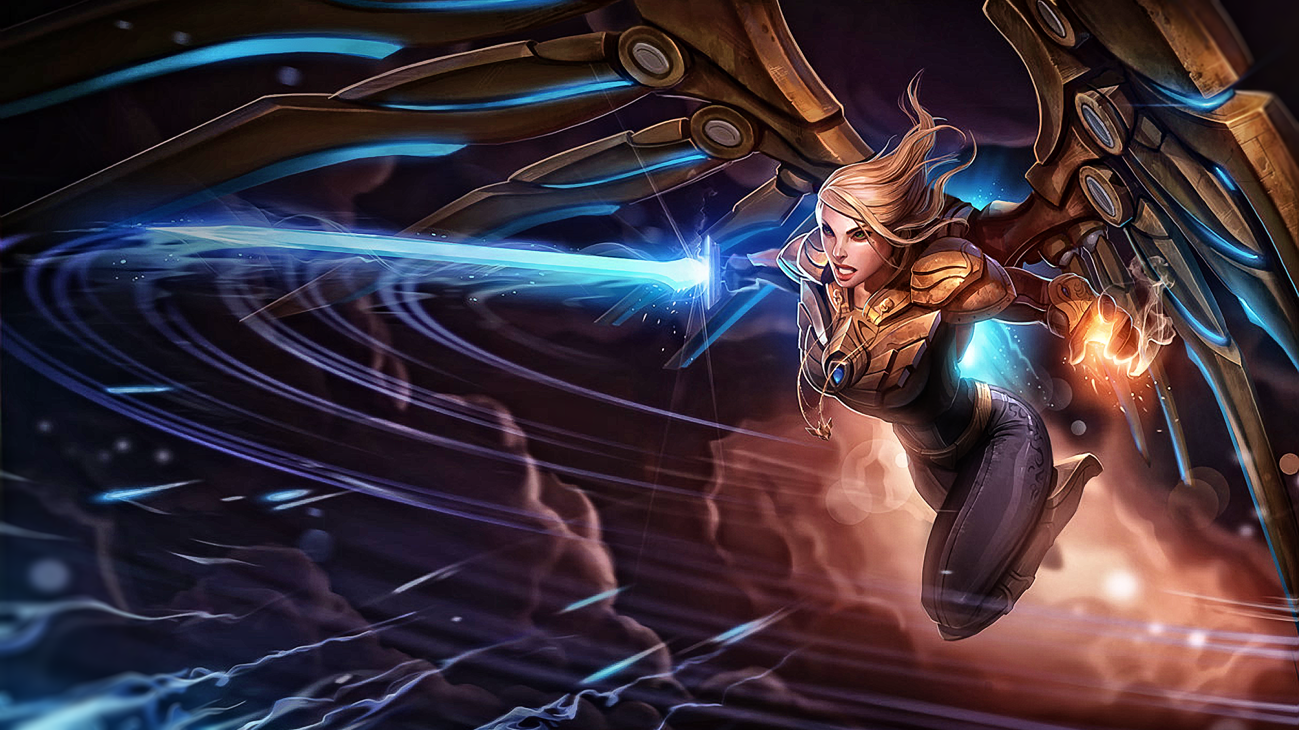 League of Legends Kayle in flight with energy sword HD Wallpaper