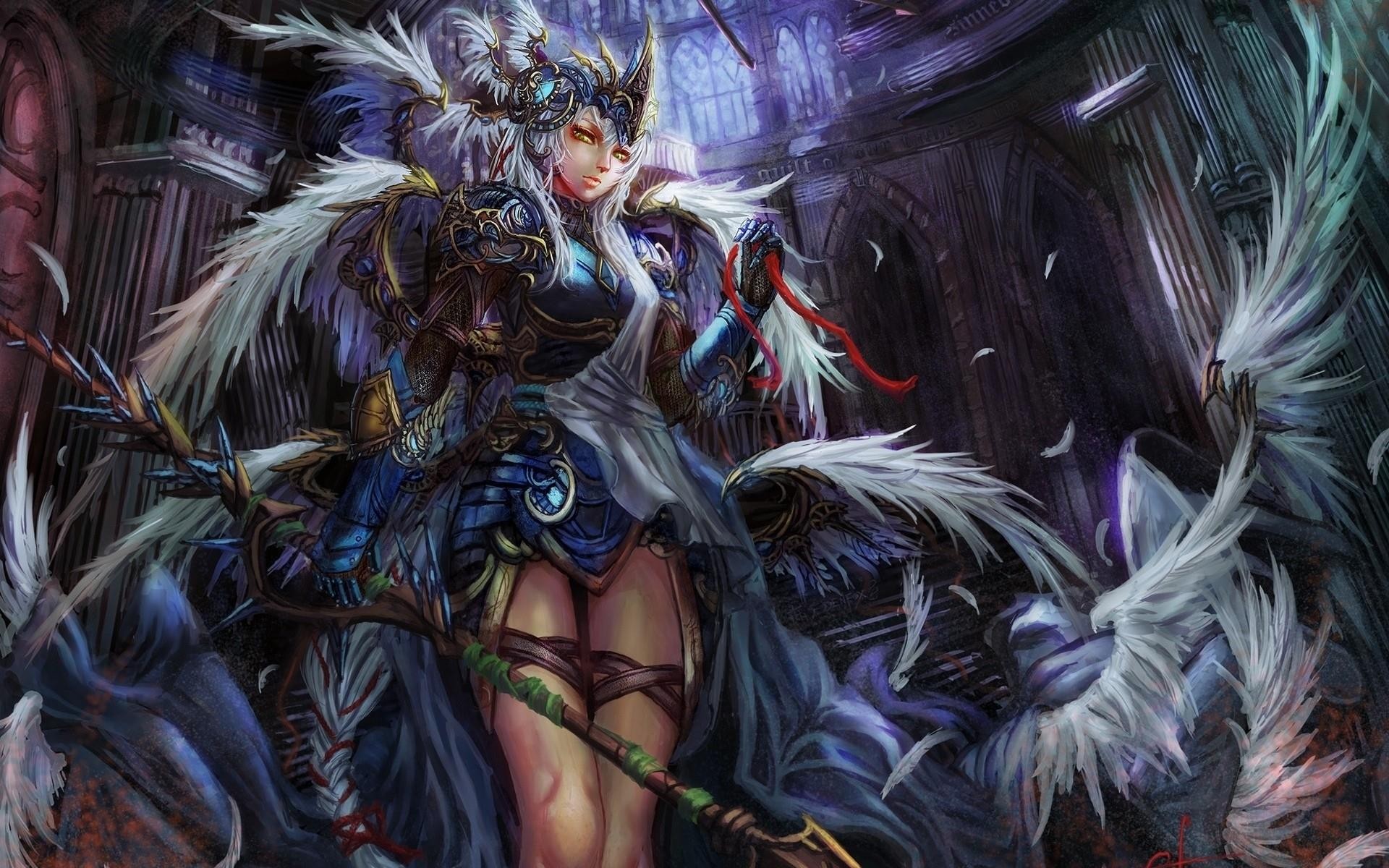 Angel knight in ornate armor holding a staff HD Wallpaper
