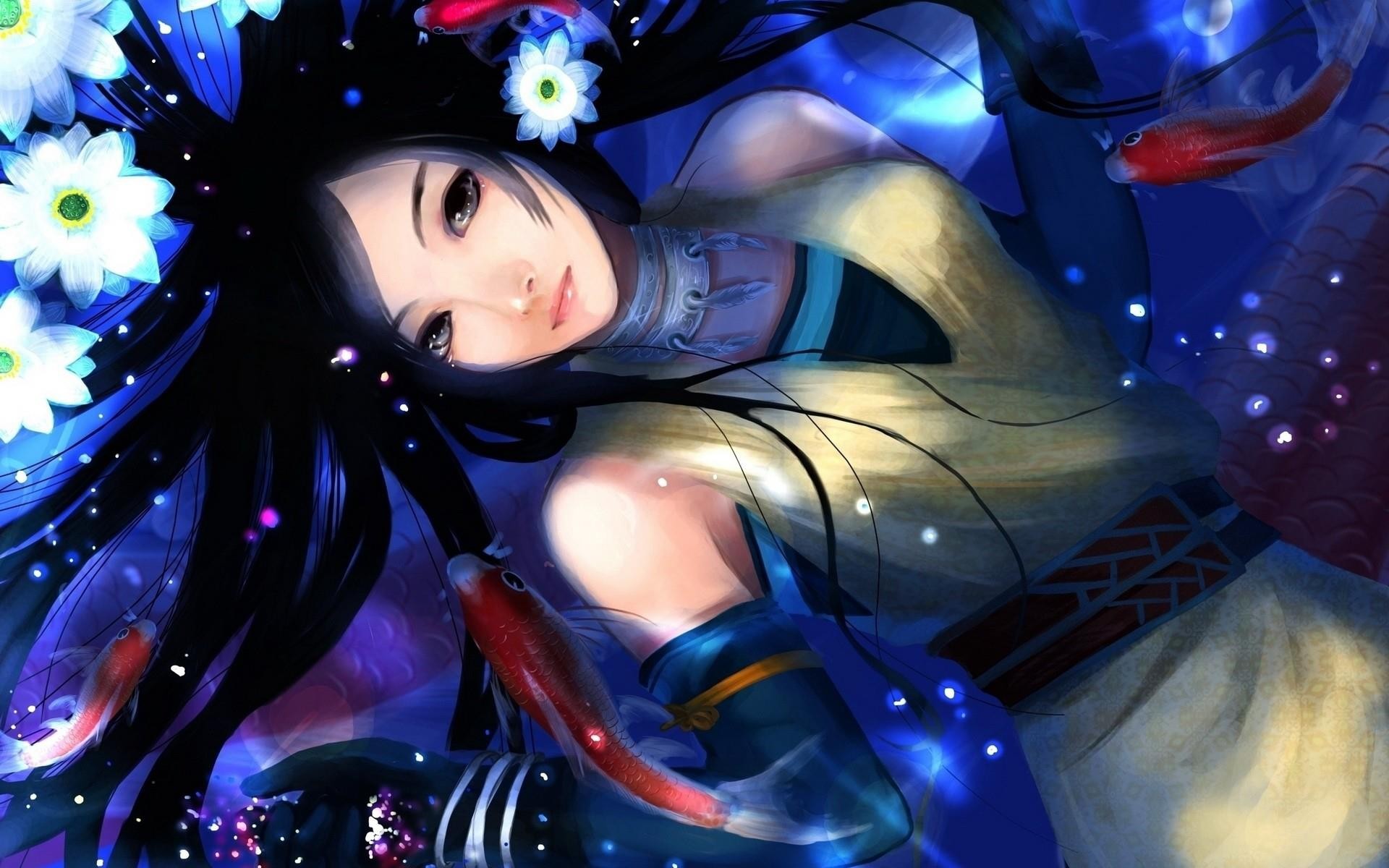 Fantasy art of a woman with koi fish HD Wallpaper