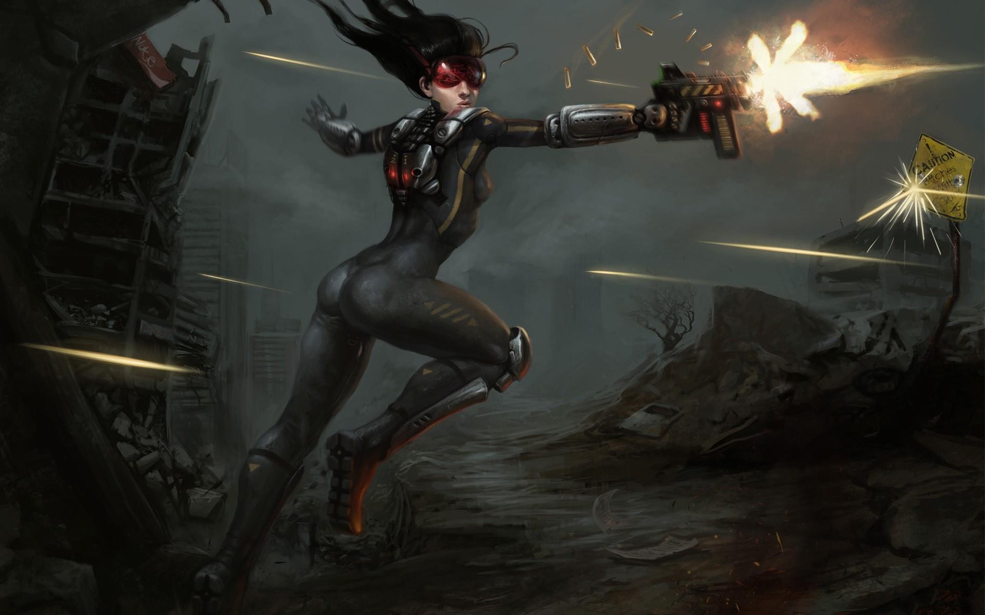Woman in tactical suit firing a gun in a ruined city HD Wallpaper