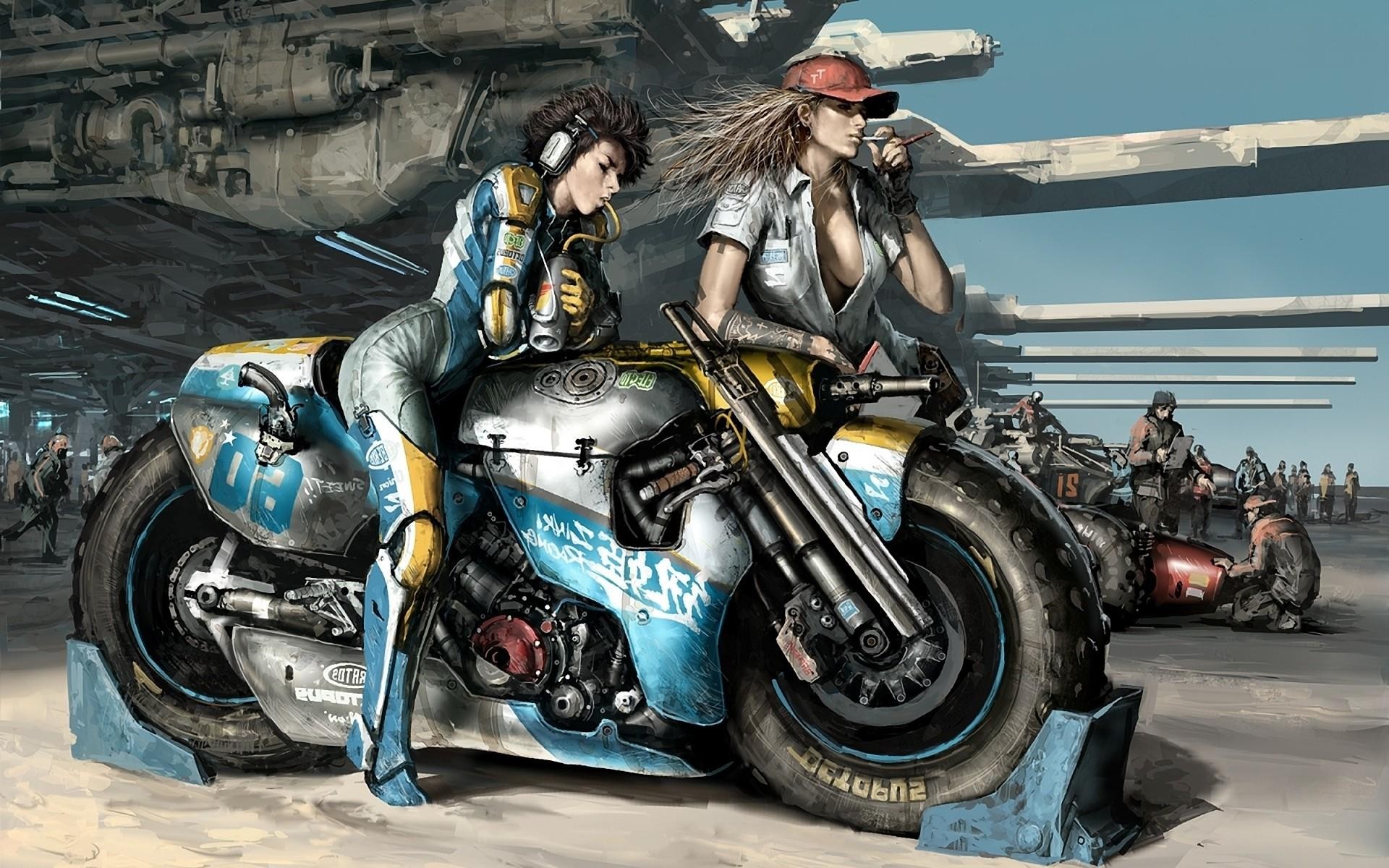 Two women with a science fiction motorcycle in a hangar HD Wallpaper