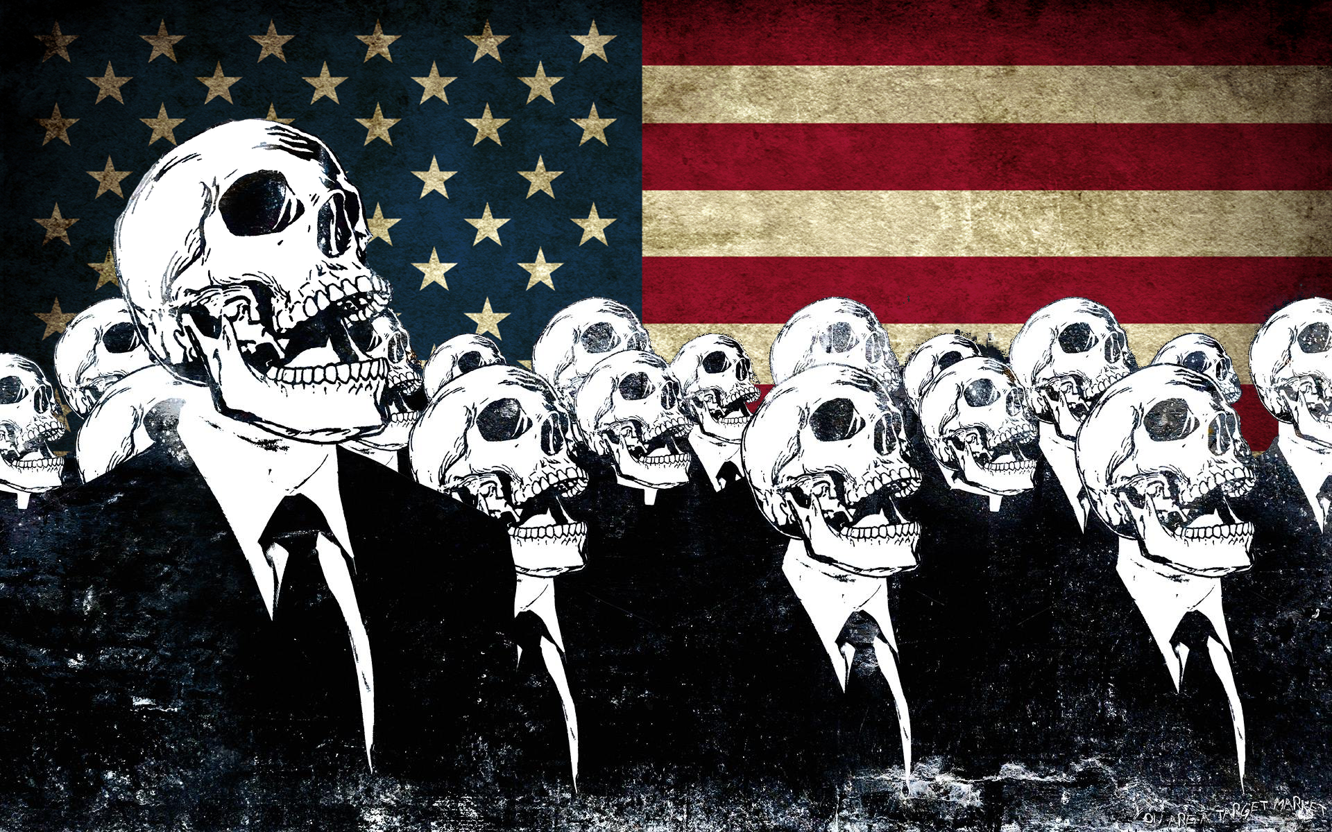 Skulls in Suits in Front of American Flag HD Wallpaper
