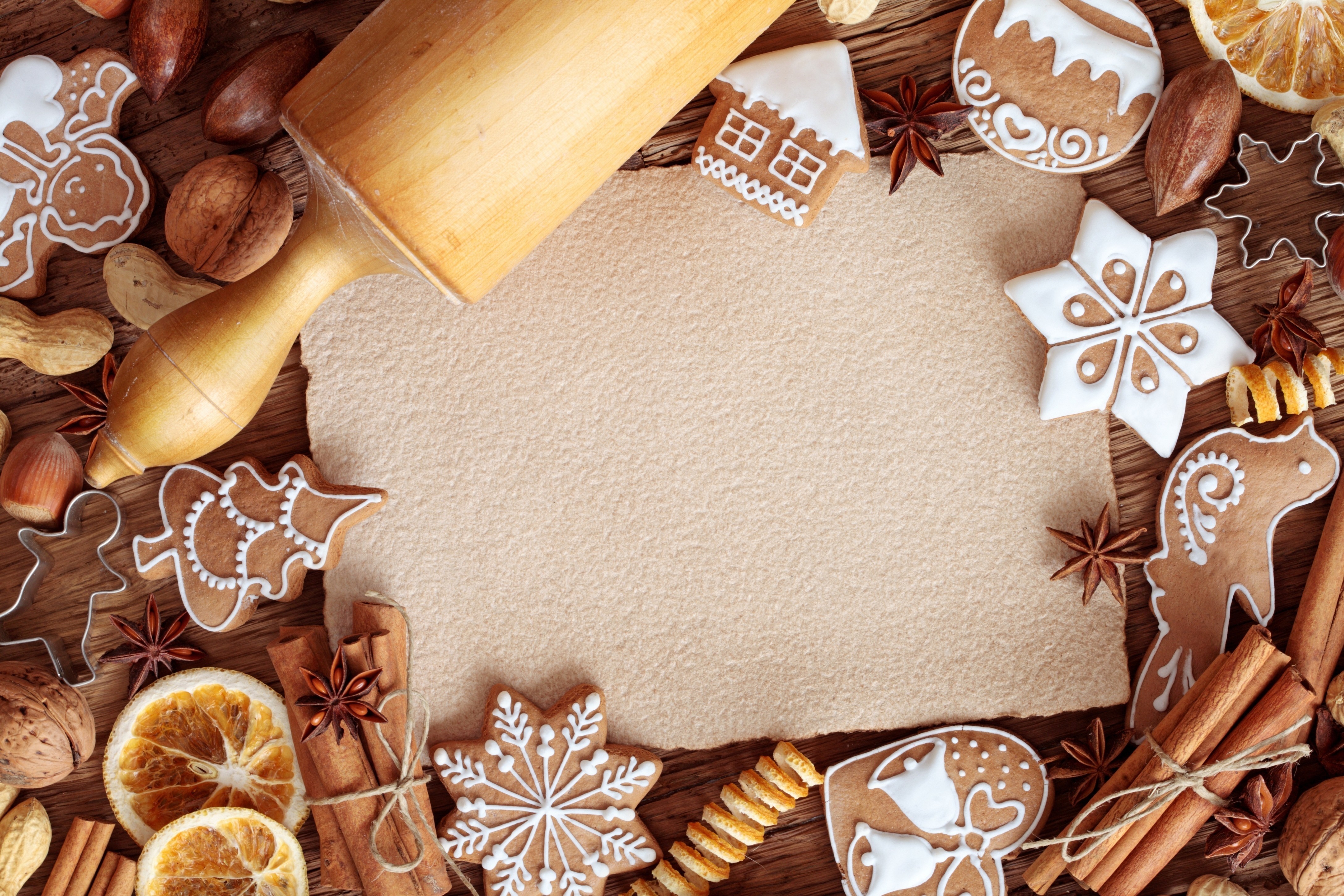 Christmas cookies and rolling pin on a wooden table HD Wallpaper