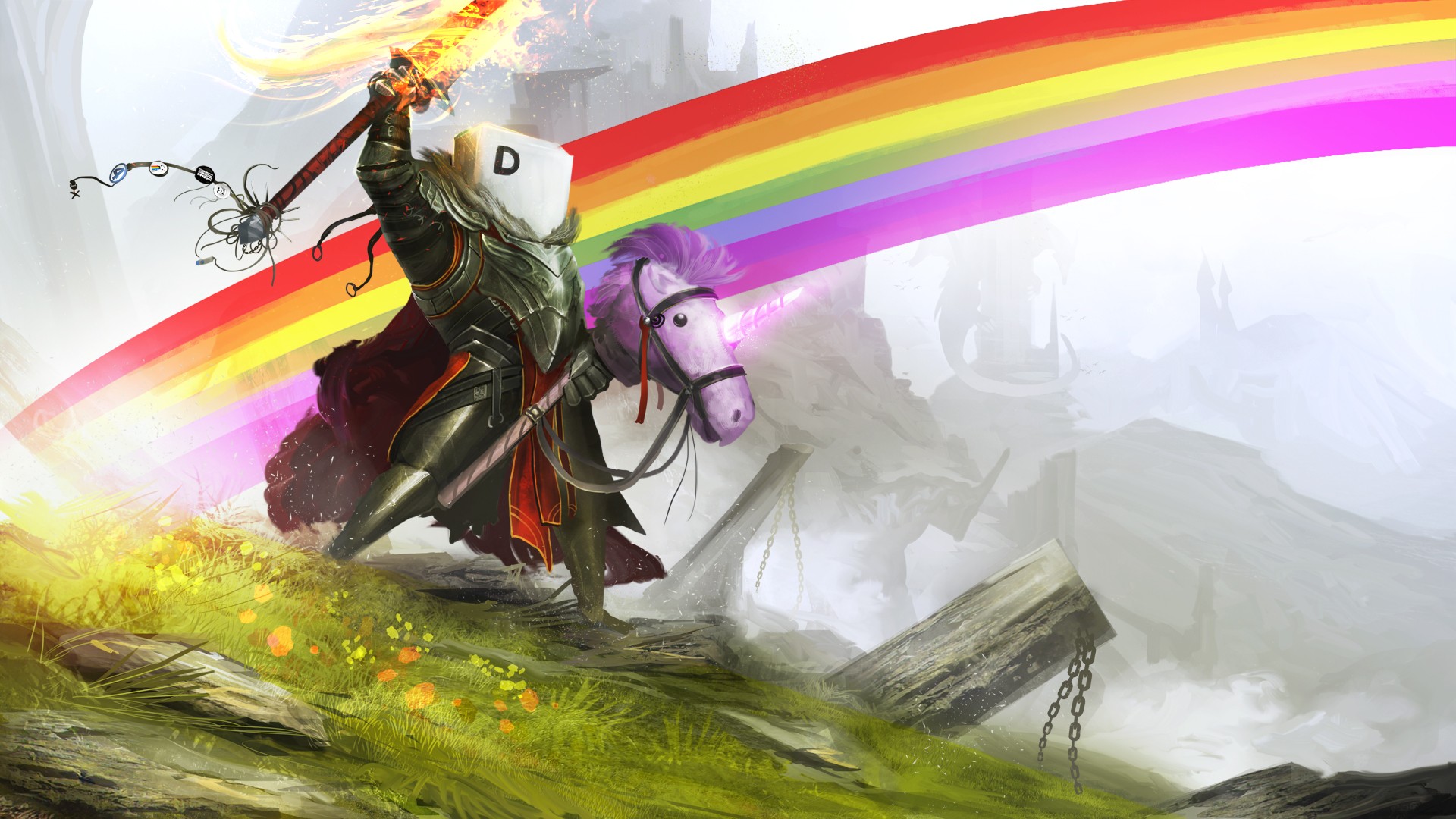 Warrior with a flaming sword riding a unicorn under a rainbow HD Wallpaper