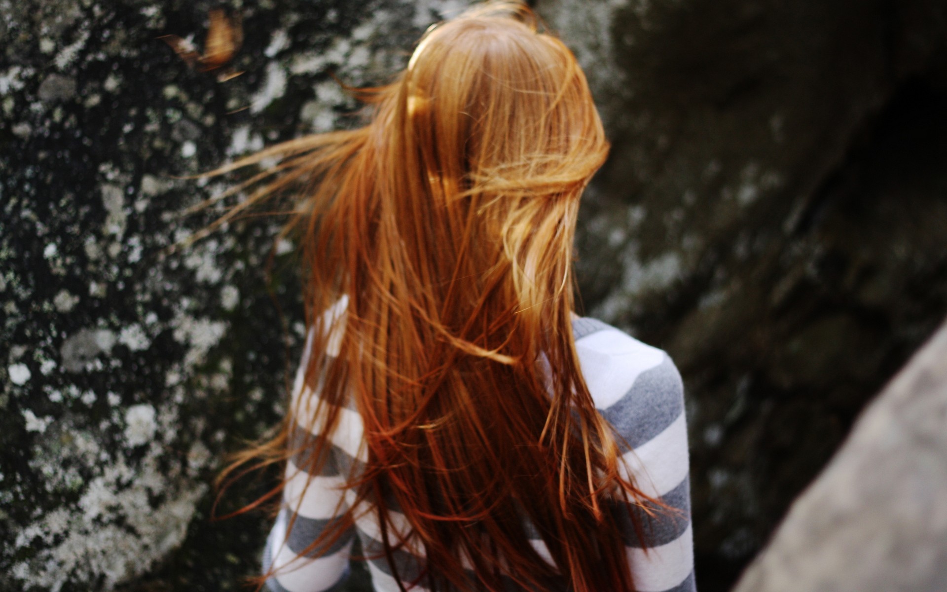Woman with long red hair in a striped shirt HD Wallpaper