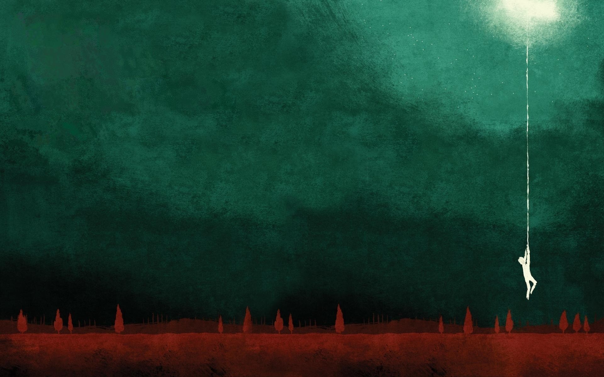Silhouette of a person hanging from a rope in a dark sky HD Wallpaper