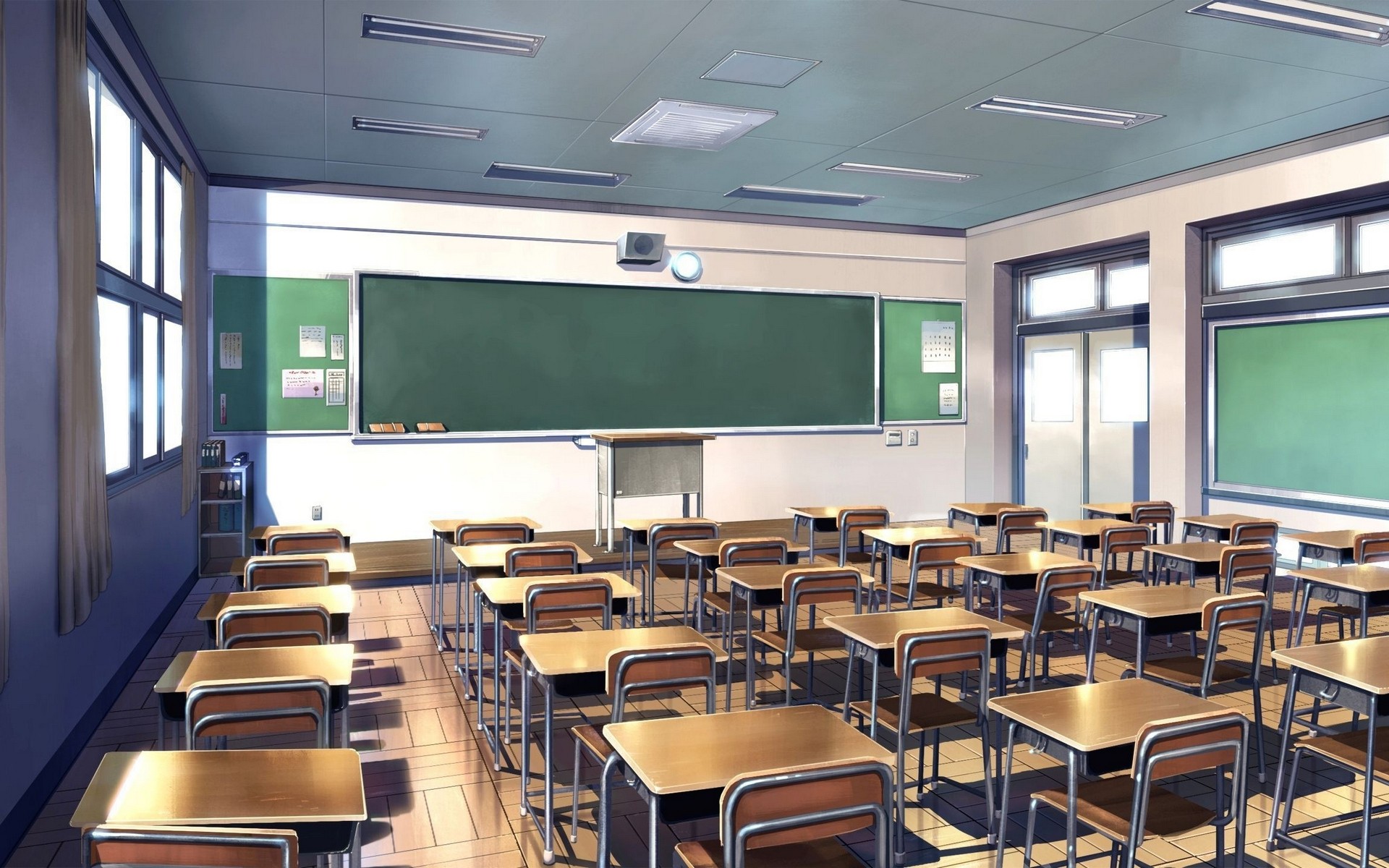 Empty classroom with desks and a blackboard HD Wallpaper