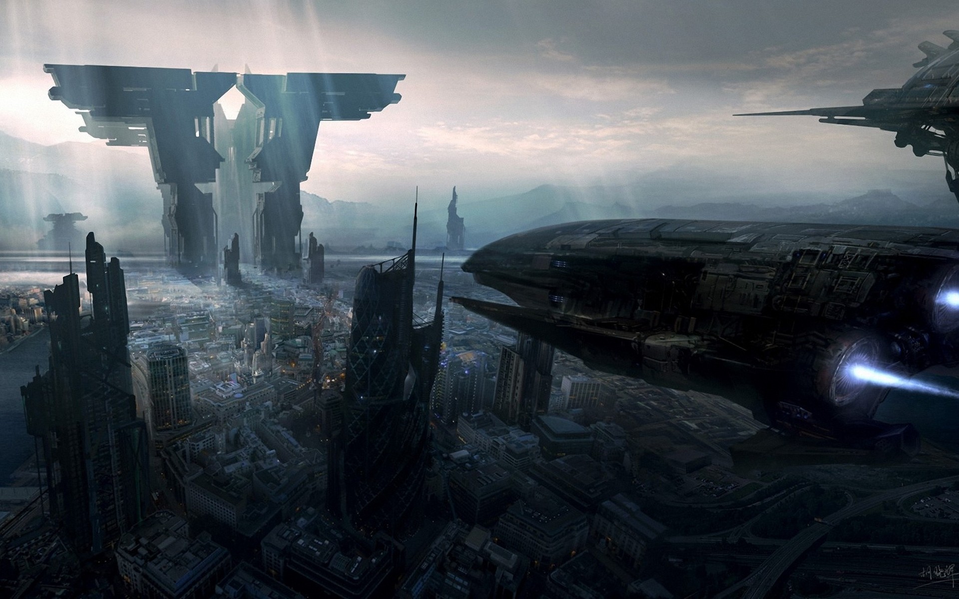 Futuristic Cityscape with Spaceship HD Wallpaper