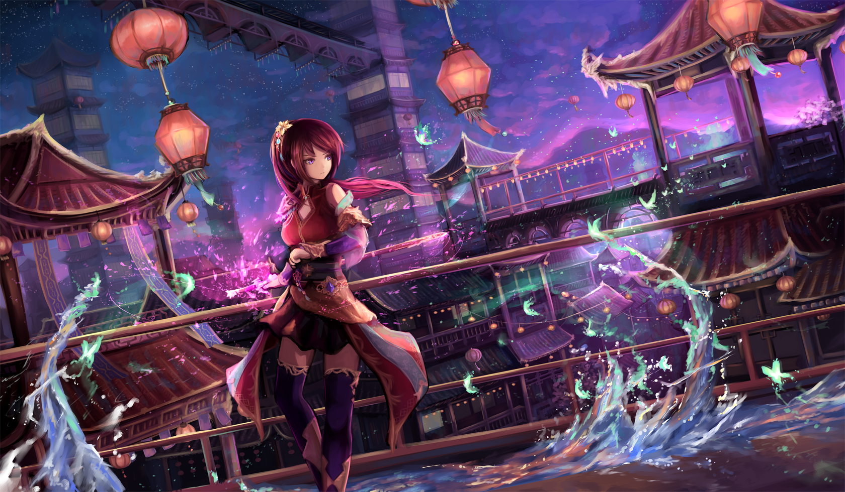 Redhead girl in a fantasy Asian city at night HD Wallpaper