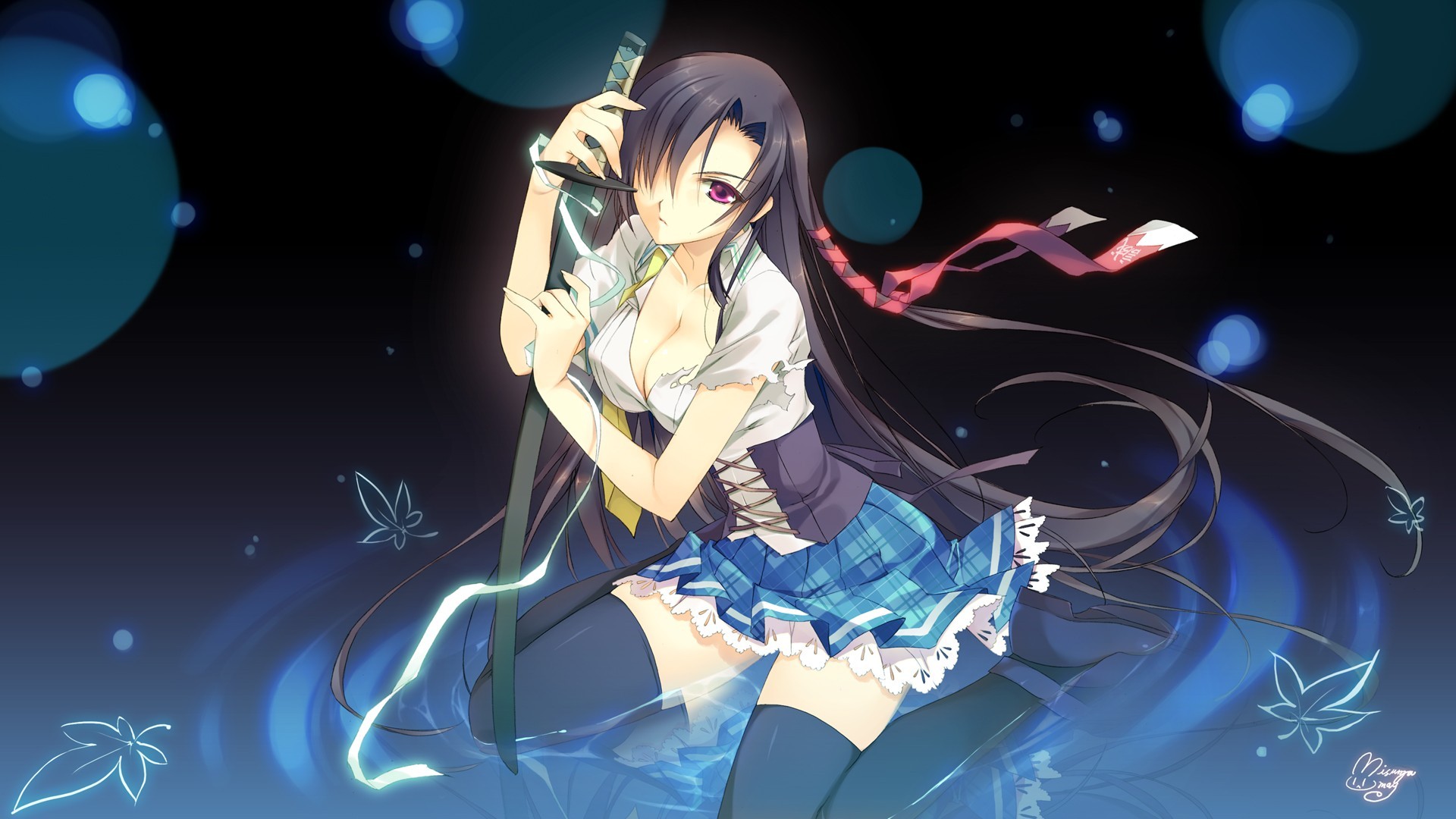 Anime girl with a sword and blue skirt HD Wallpaper
