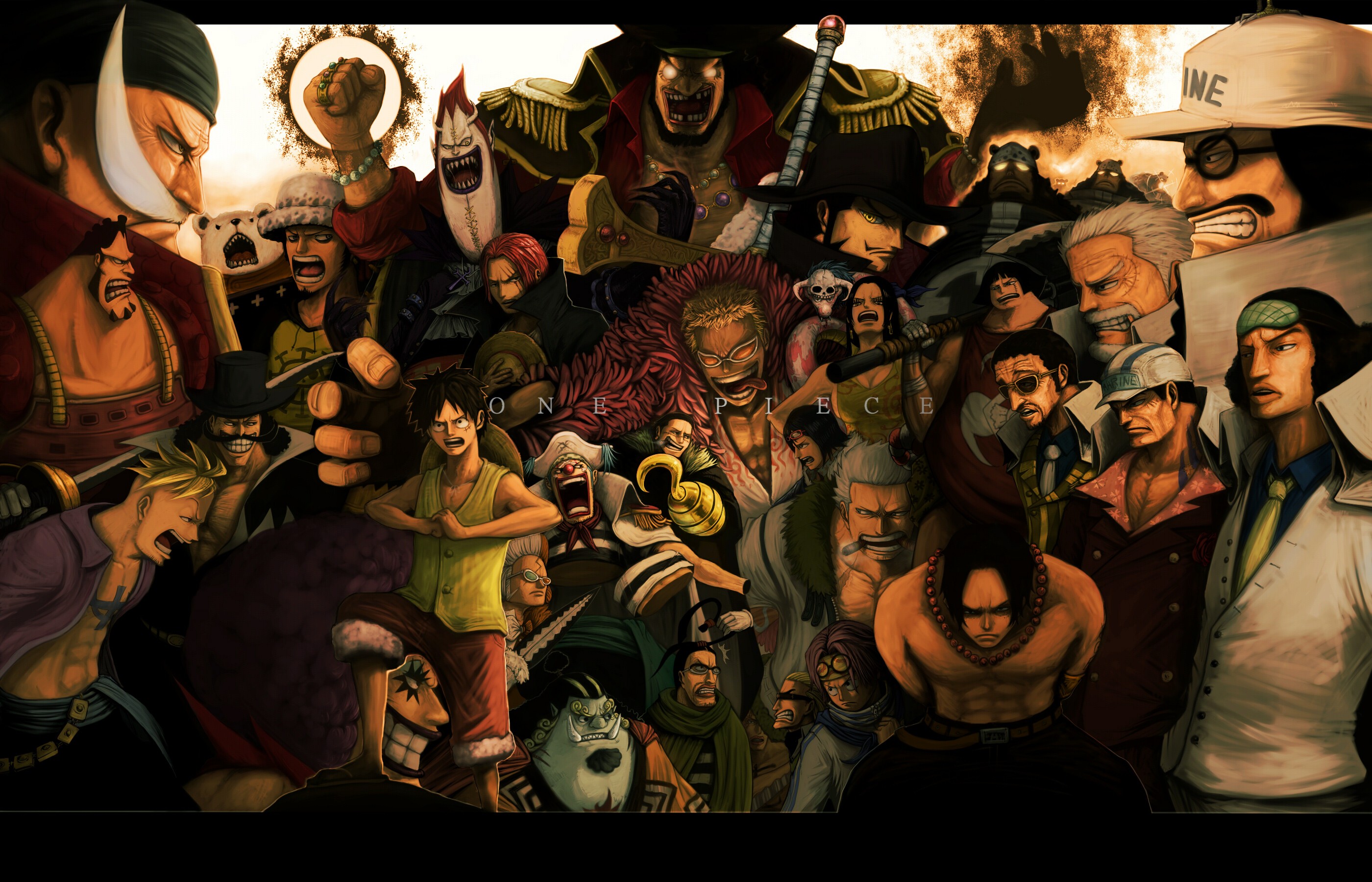 One Piece characters gathered in a dramatic scene HD Wallpaper