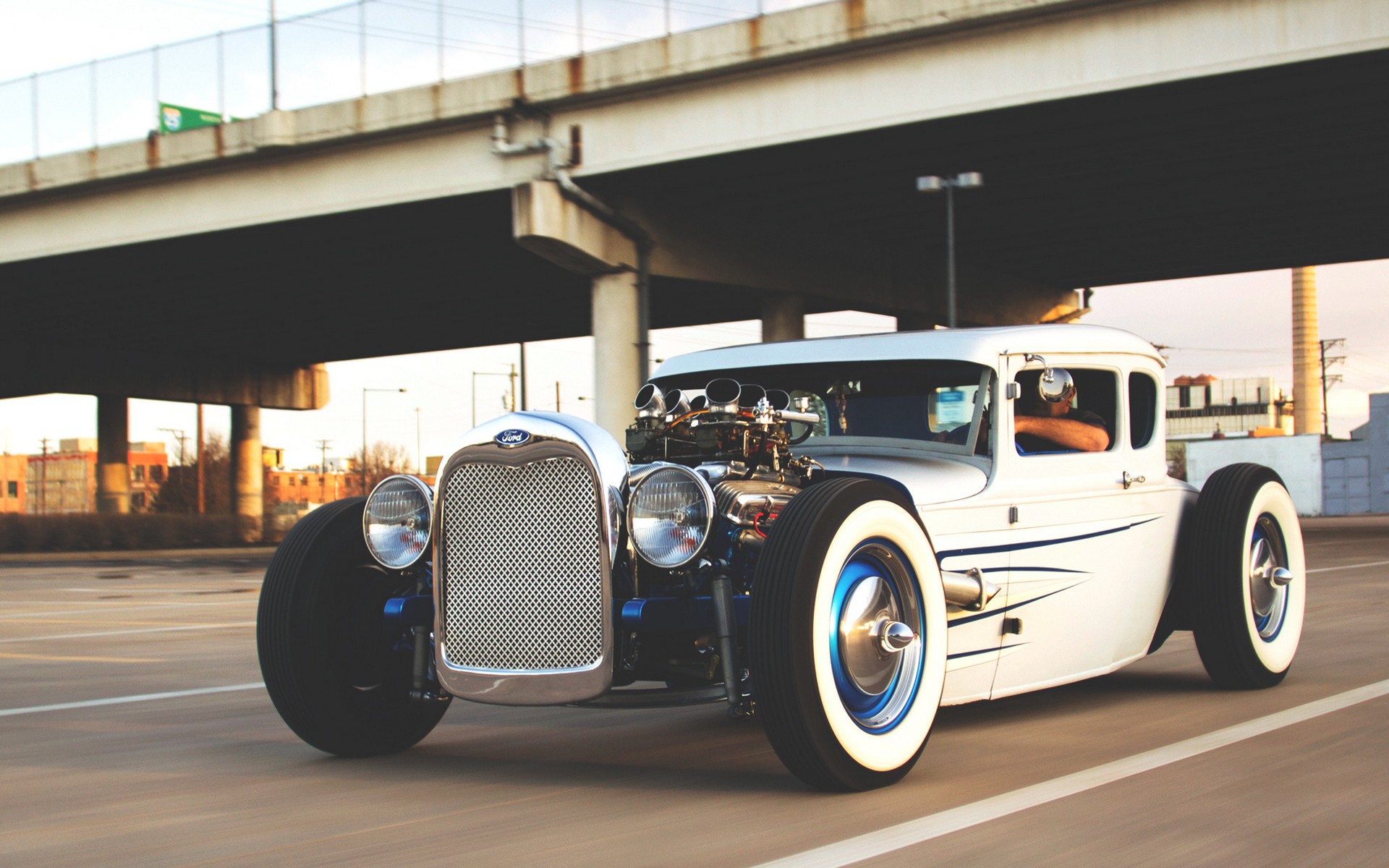 White Ford Hot Rod Car Under a Bridge HD Wallpaper
