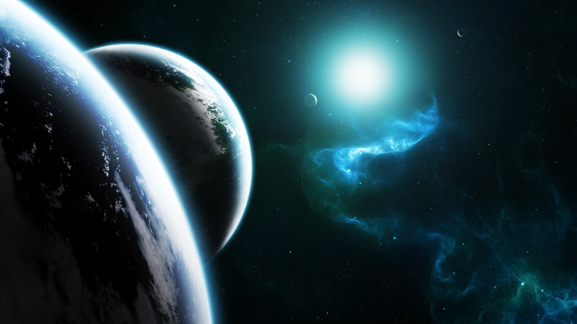 Digital art of planets and a nebula in space HD Wallpaper