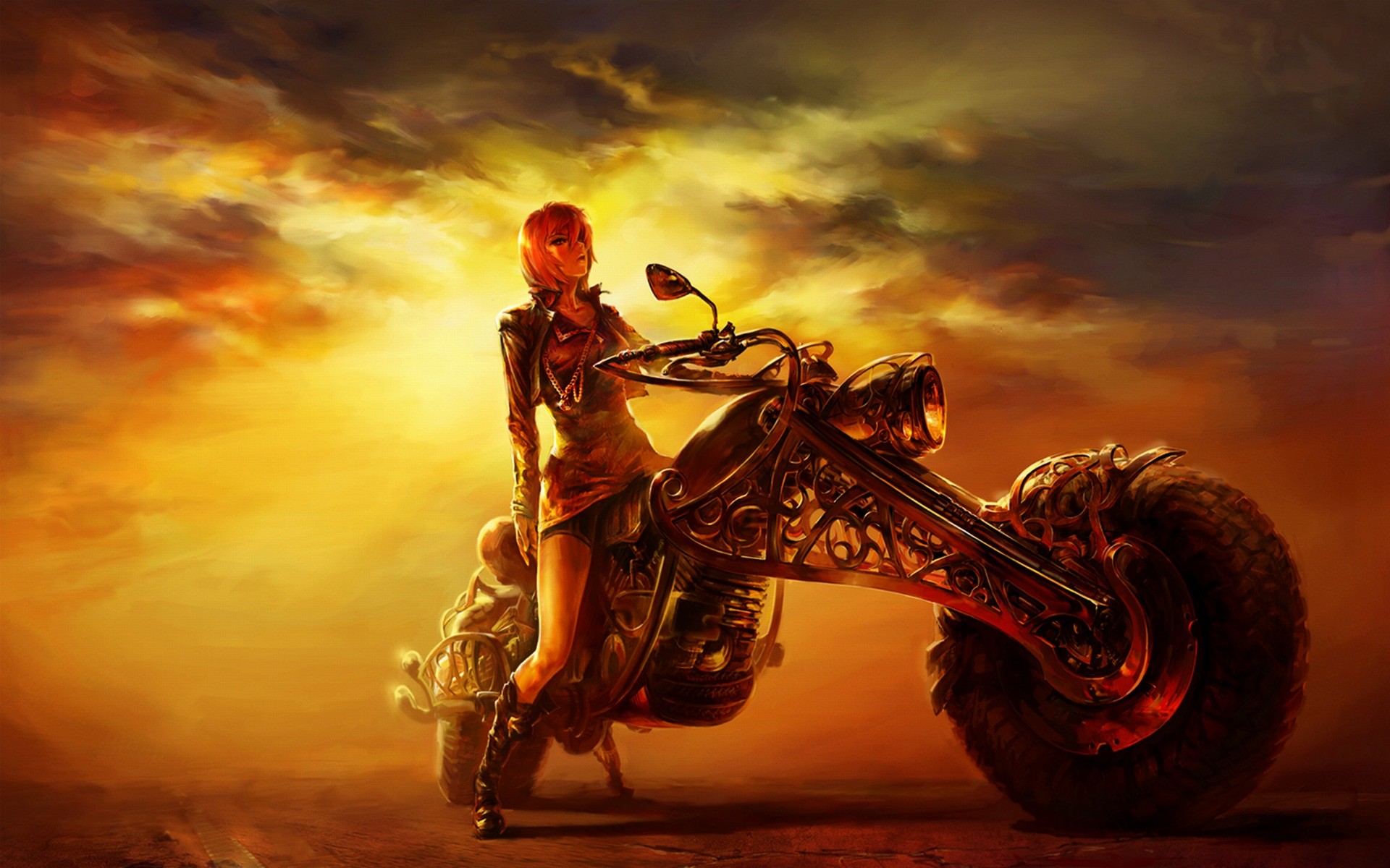 Artwork of a woman with a motorcycle HD Wallpaper