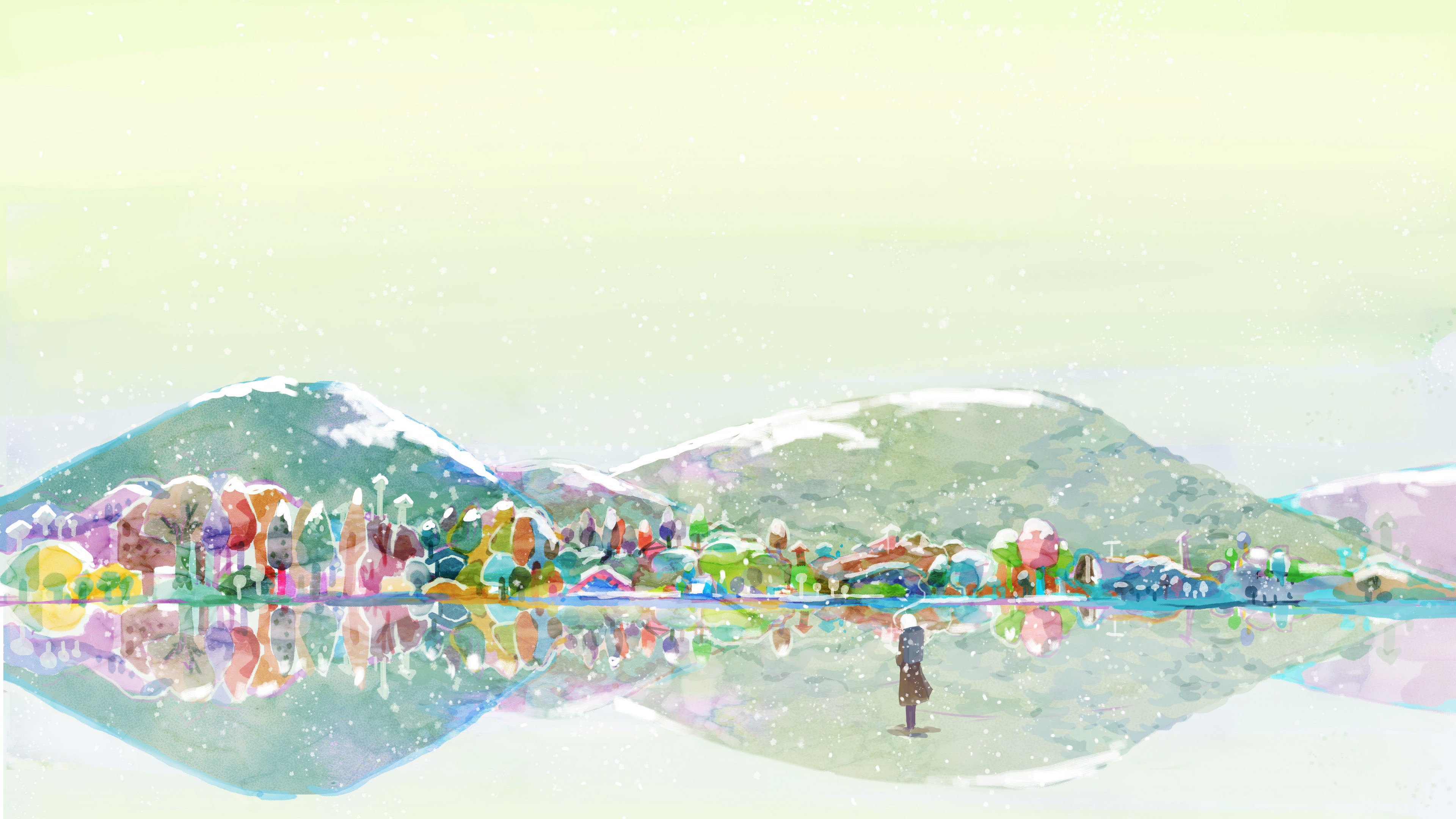 Mushishi: Ginko by a snowy lake with mountains HD Wallpaper