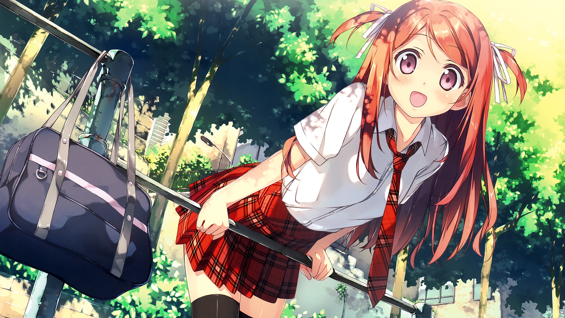 Anime schoolgirl with red plaid skirt and school bag HD Wallpaper