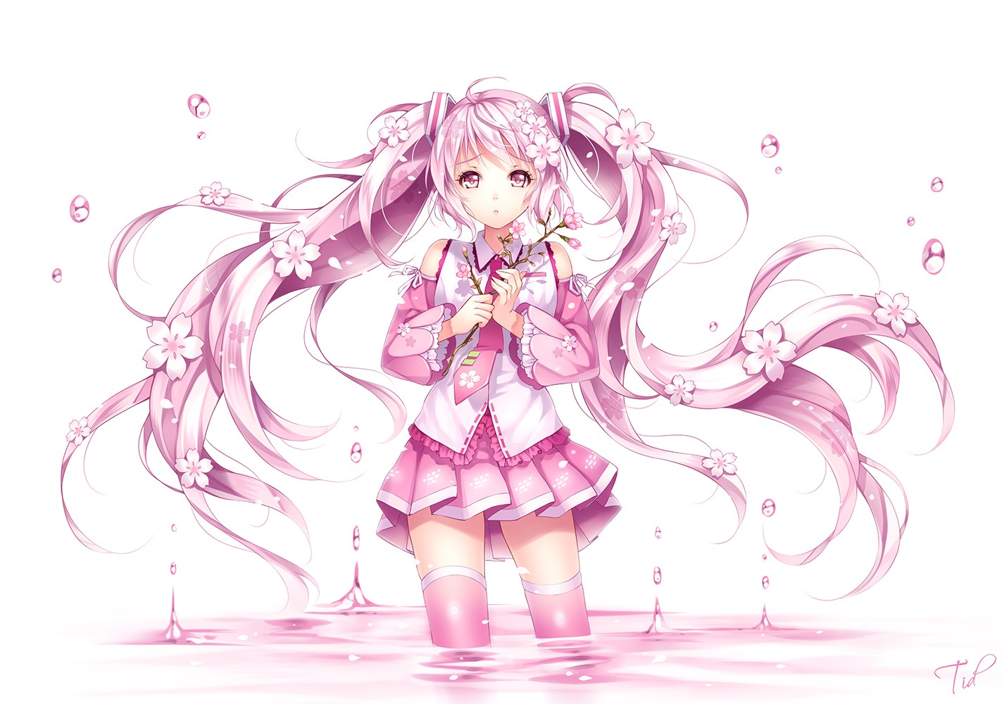 Anime girl with pink hair and cherry blossoms HD Wallpaper