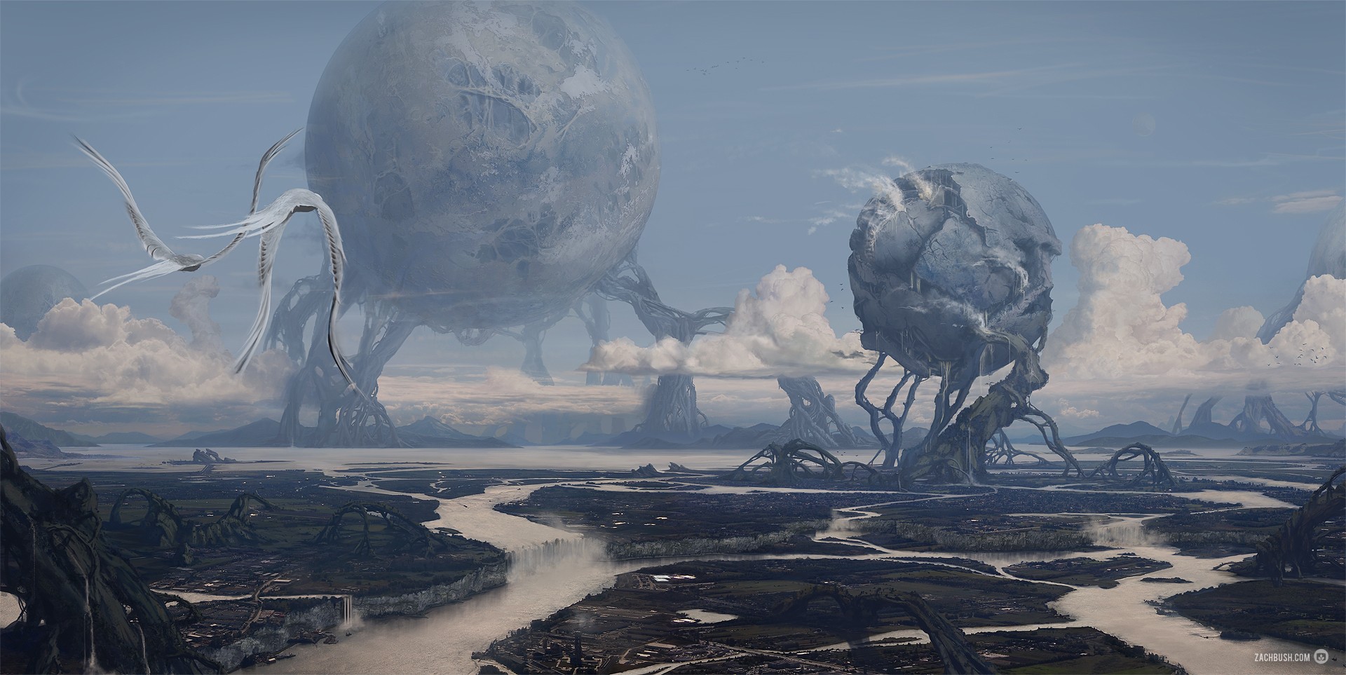Alien landscape with giant organic structures and flying creatures HD Wallpaper