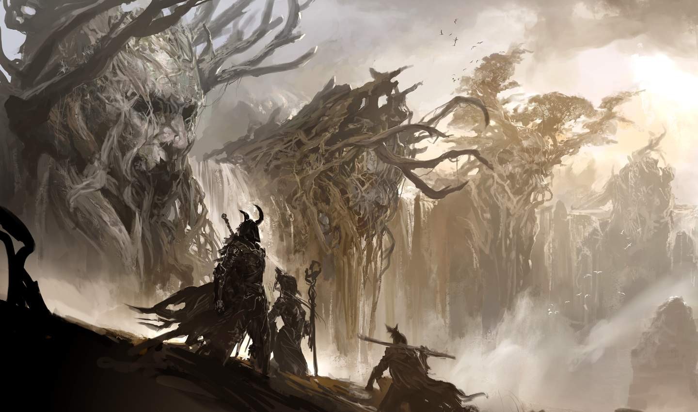 Fantasy art of warriors in a mystical forest HD Wallpaper