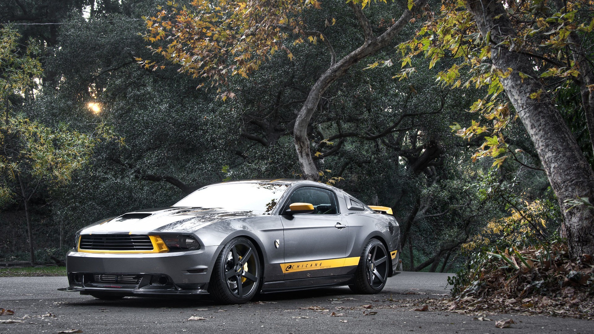 Gray Ford Mustang with yellow accents parked outdoors HD Wallpaper