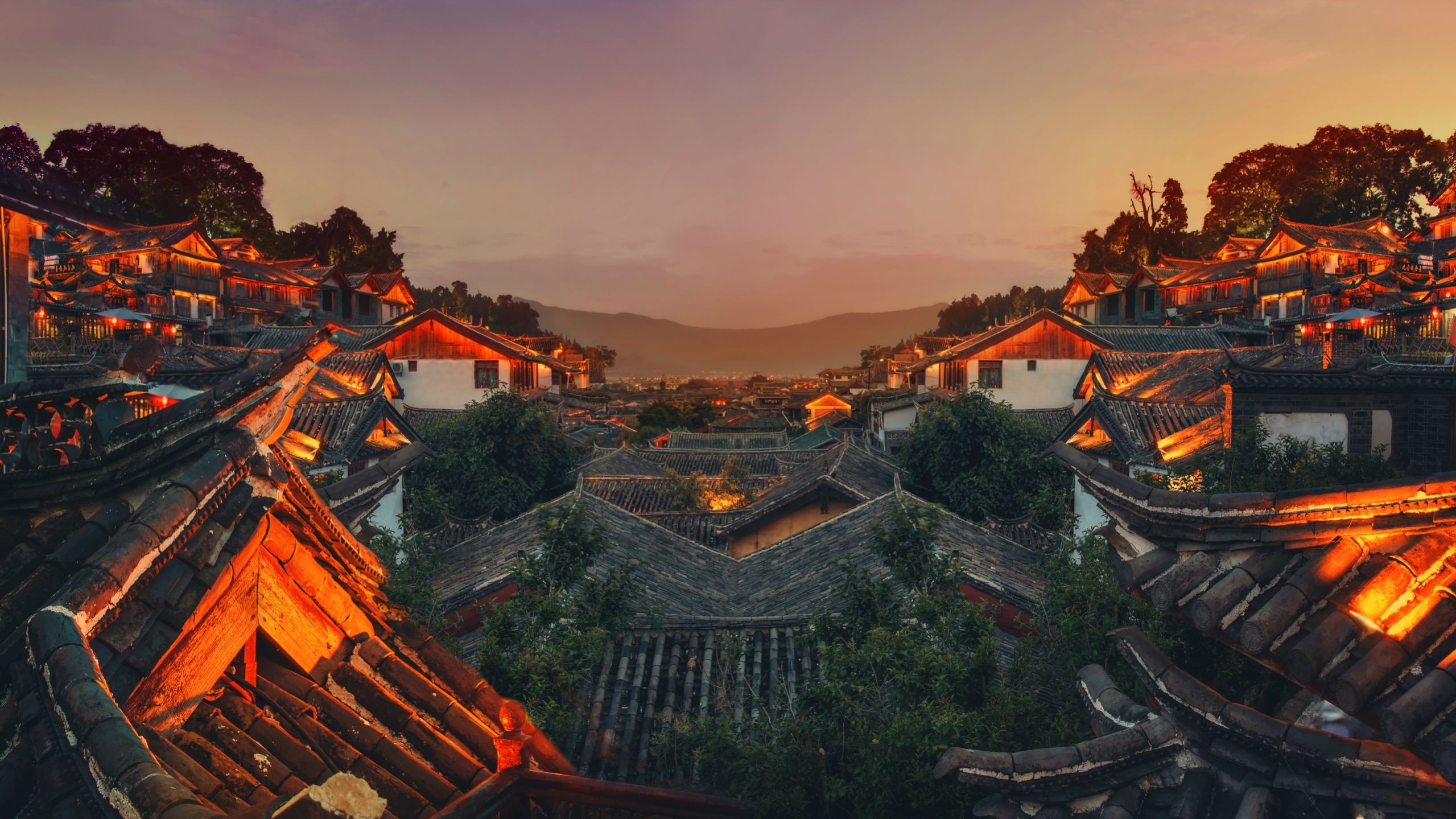 Cityscape with traditional Chinese architecture at dusk HD Wallpaper