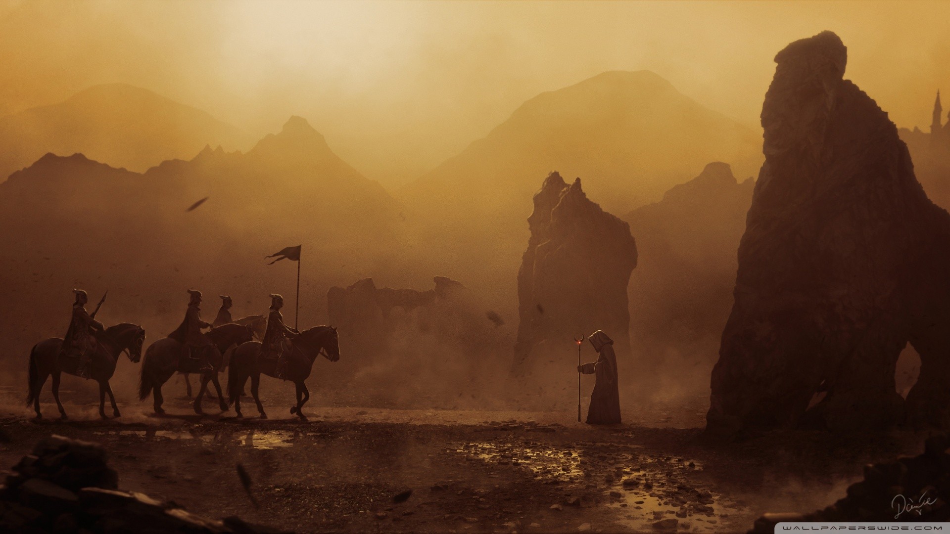 Fantasy art of a group of riders meeting a robed figure HD Wallpaper